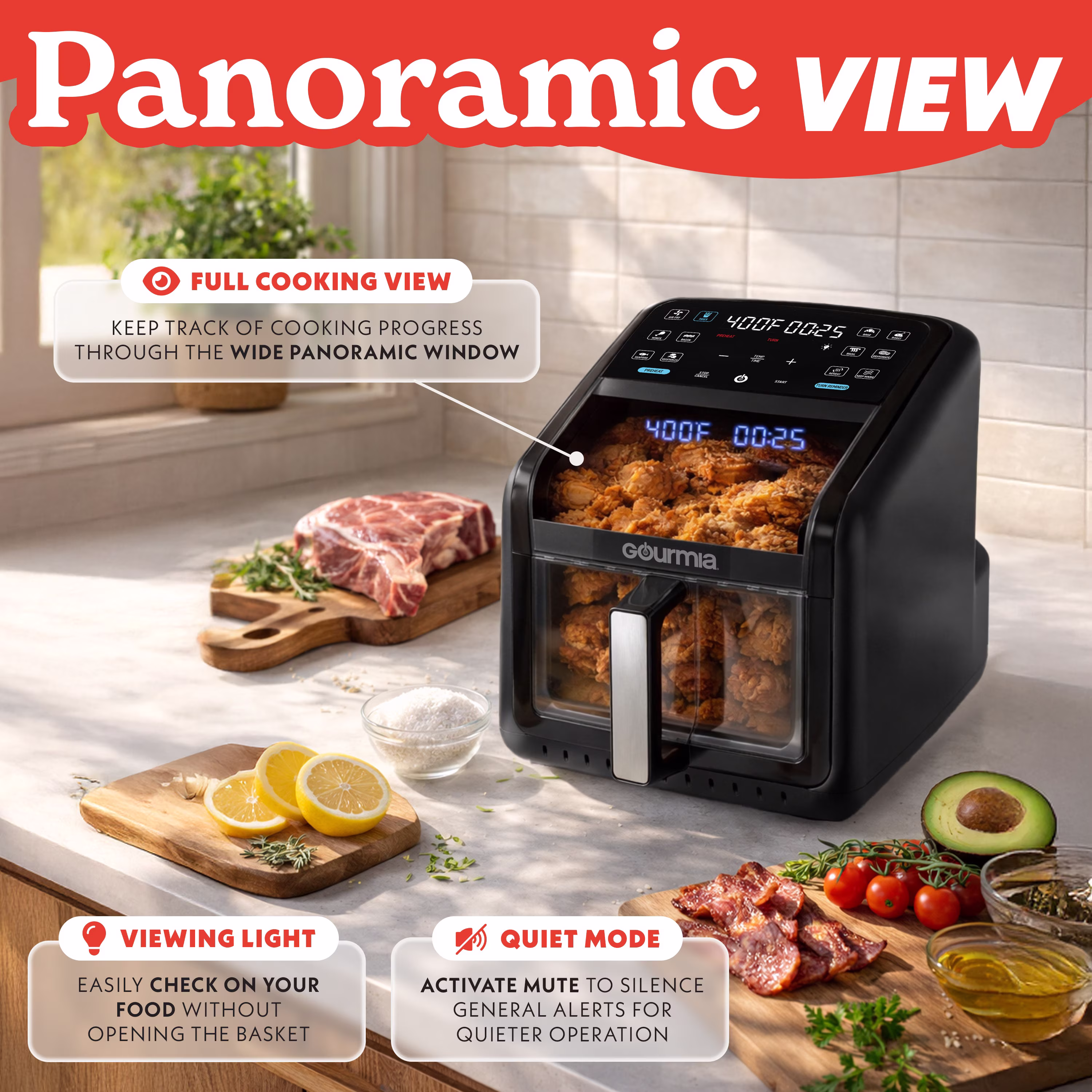 Gourmia Panorama 7-QT Digital Air Fryer with Panoramic View, Holographic Display, & 12 Presets, Black - Image 2