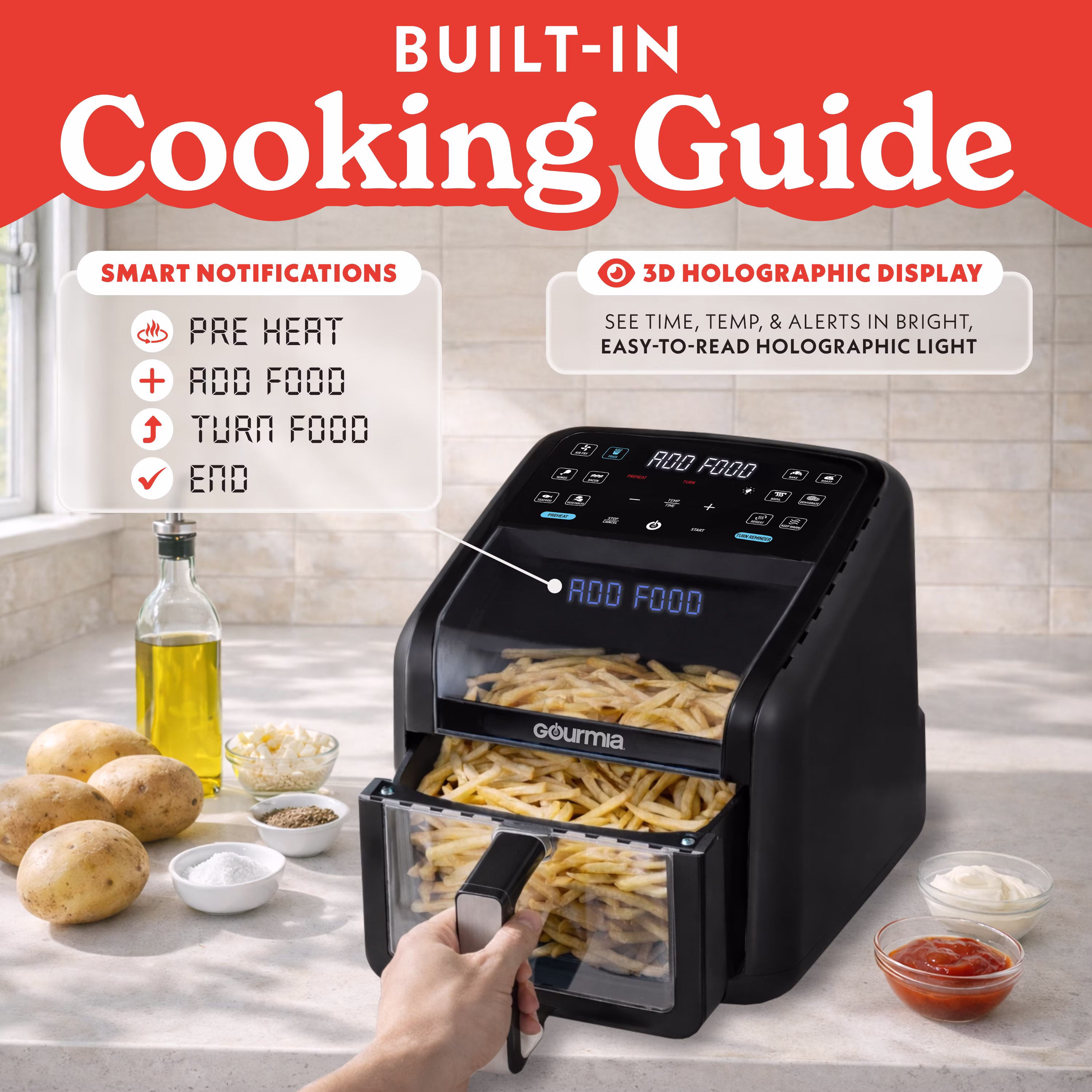 Gourmia Panorama 7-QT Digital Air Fryer with Panoramic View, Holographic Display, & 12 Presets, Black - Image 3
