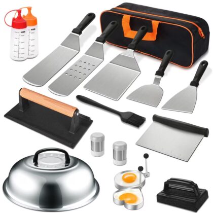 Griddle Accessories Kit, 18 pieces, stainless steel cooking tools with storage bag for flat top grills
