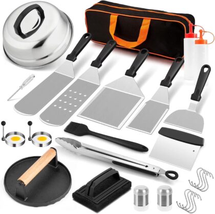 Griddle Accessories Kit for Outdoor BBQ: 27Pcs Flat Top Grill Accessories for Blackstone and Camp Chef, Professional Grilling Accessories with Grill Spatula Set, Basting Cover, Scraper, Carry Bag