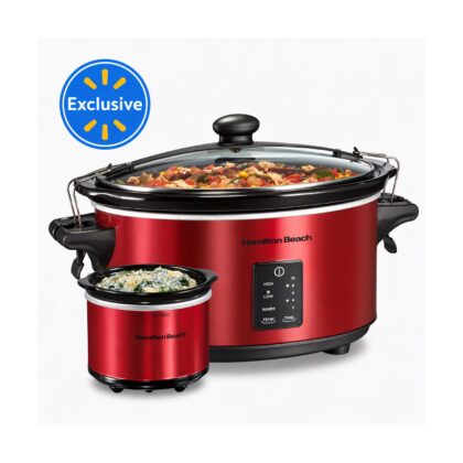 Hamilton Beach 7 Qt Programmable Slow Cooker, Stoneware Crock with Removable Pot, Includes Party Dipper Food Warmer, Red