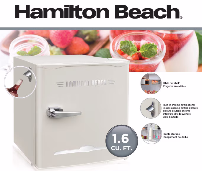 Hamilton Beach Retro 1.6 Cu. Ft. Refrigerator with Built-In Side Bottle Opener, Cream, HBF1600 - Image 5