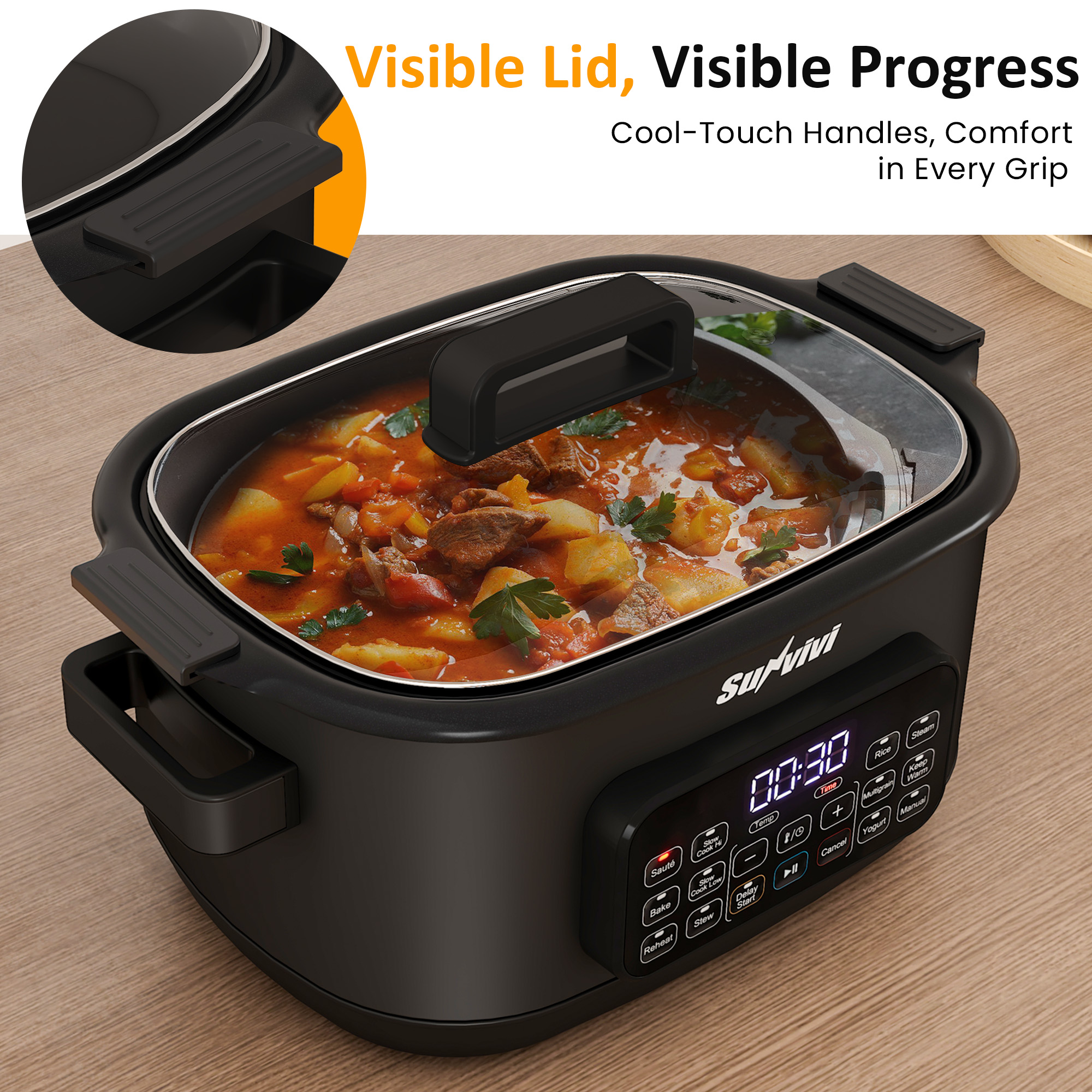 Heynemo 6.5QT Digital Multi Cooker, 12-in-1 Slow Cooker & Roaster with Timer, Temp Control, Delay Start, Nonstick Pot, Black - Image 2