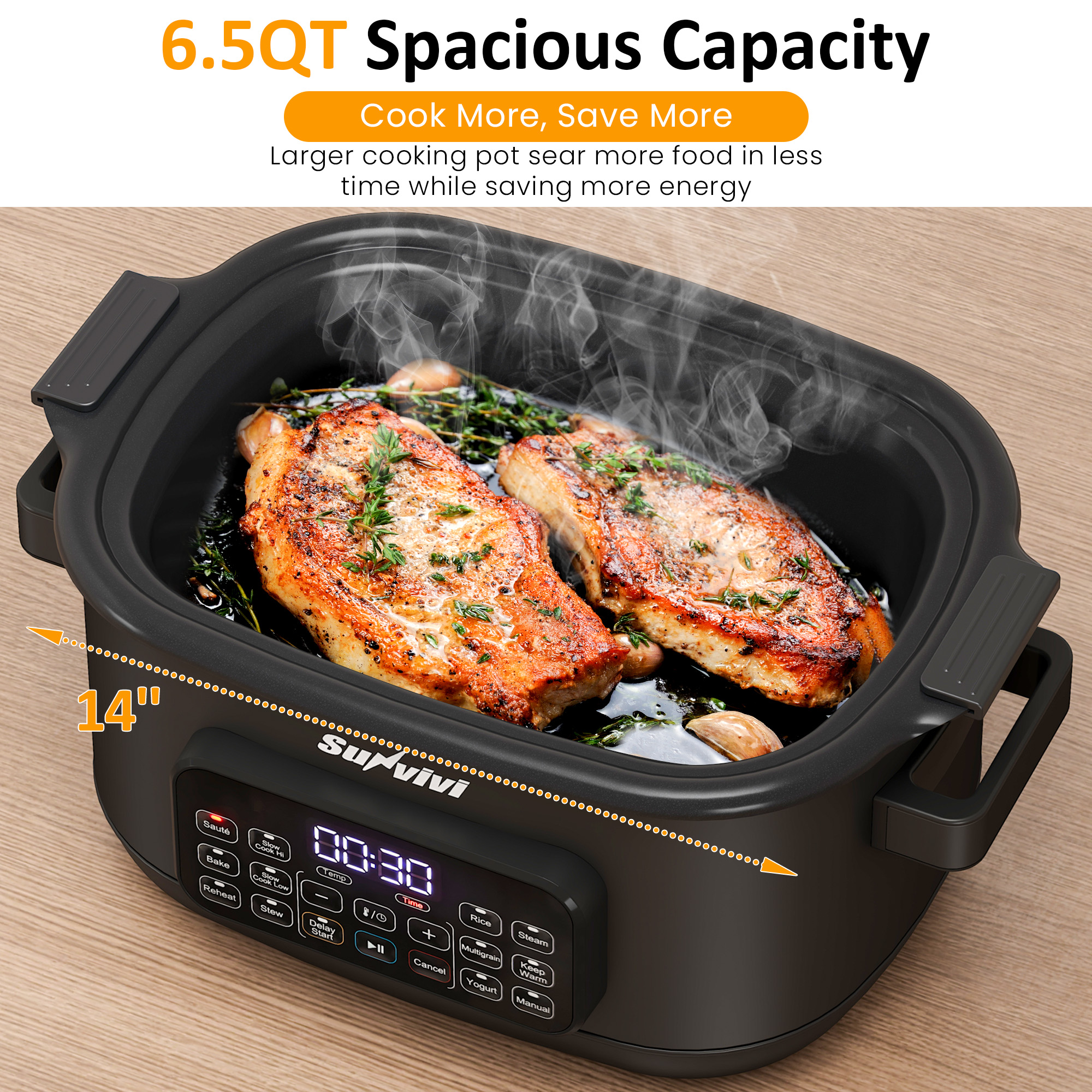 Heynemo 6.5QT Digital Multi Cooker, 12-in-1 Slow Cooker & Roaster with Timer, Temp Control, Delay Start, Nonstick Pot, Black - Image 3