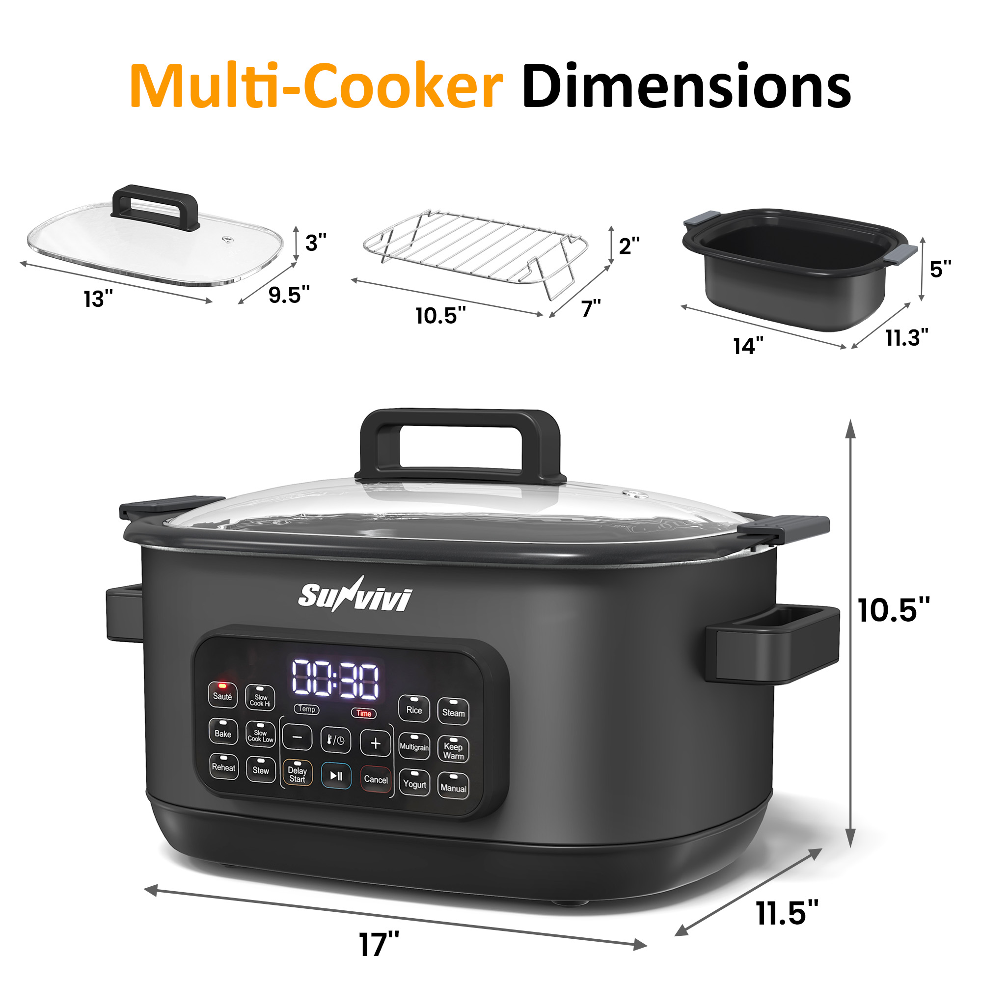 Heynemo 6.5QT Digital Multi Cooker, 12-in-1 Slow Cooker & Roaster with Timer, Temp Control, Delay Start, Nonstick Pot, Black - Image 5
