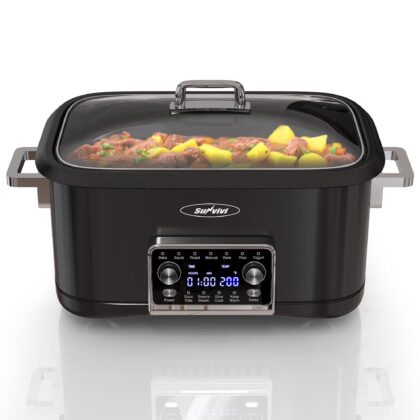 Heynemo 8QT 12-in-1 Programmable Slow Cooker, Multi-Cooker with Timer, Temperature Control, Removable Non-Stick Pot & Dishwasher-Safe Glass Lid, Black