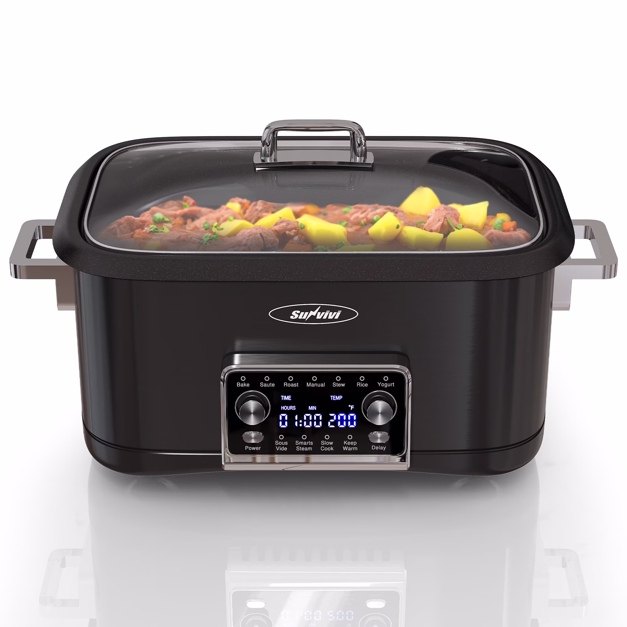 Heynemo 8QT 12-in-1 Programmable Slow Cooker, Multi-Cooker with Timer, Temperature Control, Removable Non-Stick Pot & Dishwasher-Safe Glass Lid, Black