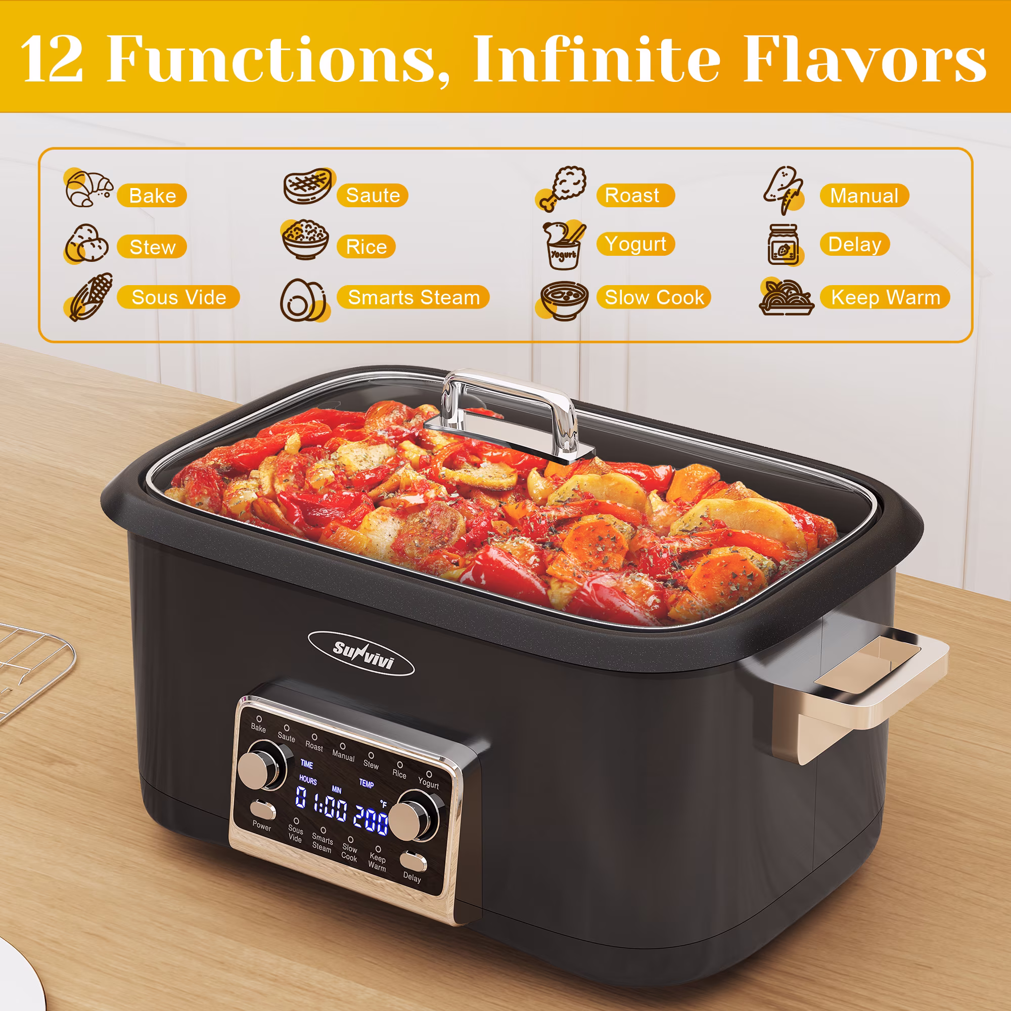Heynemo 8QT 12-in-1 Programmable Slow Cooker, Multi-Cooker with Timer, Temperature Control, Removable Non-Stick Pot & Dishwasher-Safe Glass Lid, Black - Image 2