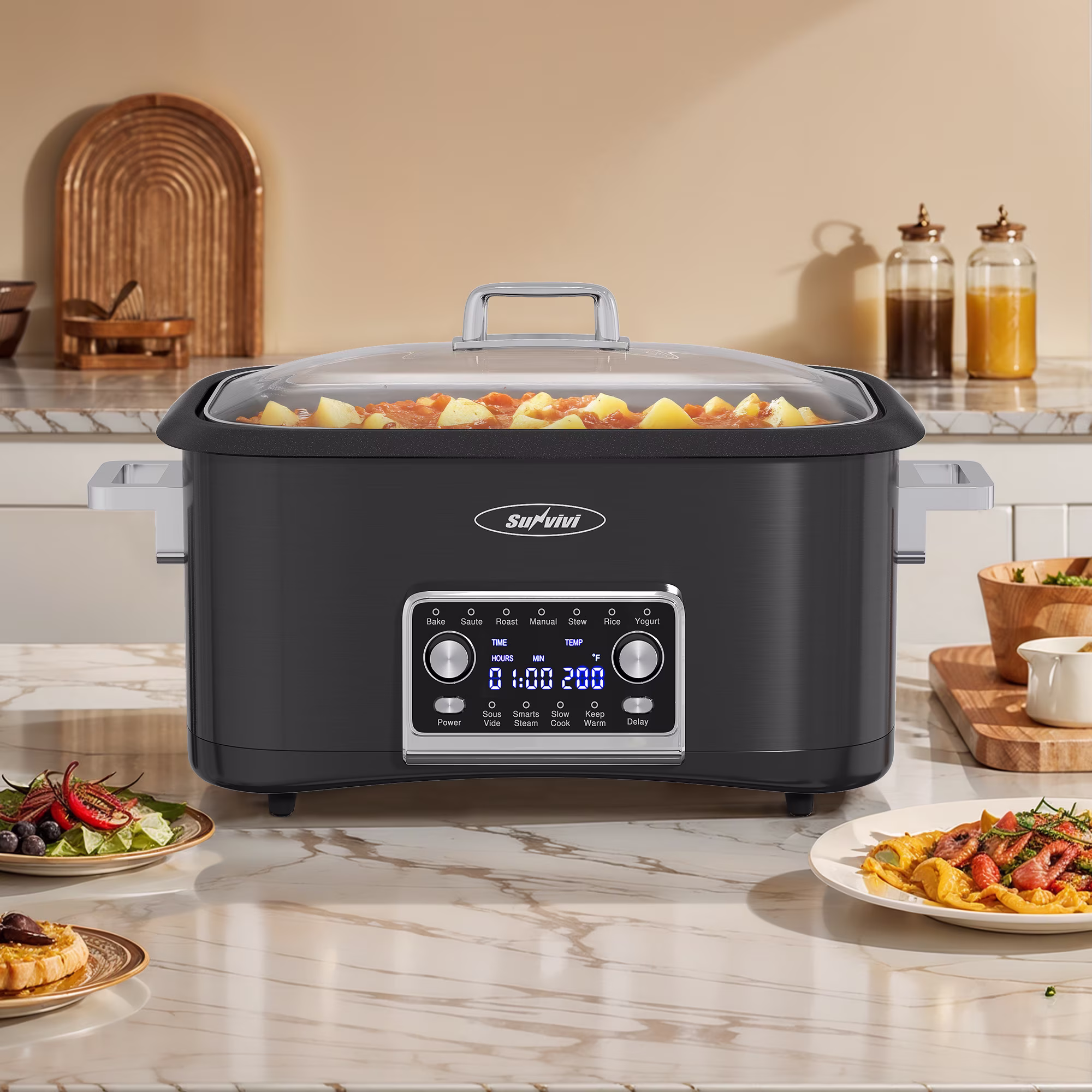 Heynemo 8QT 12-in-1 Programmable Slow Cooker, Multi-Cooker with Timer, Temperature Control, Removable Non-Stick Pot & Dishwasher-Safe Glass Lid, Black - Image 4