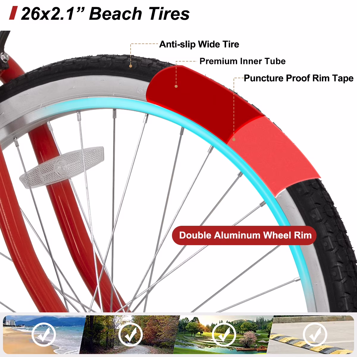 Hiland 26 inch Women's Men’s Beach Cruiser Bike Bicycle Red Black Blue - Image 2