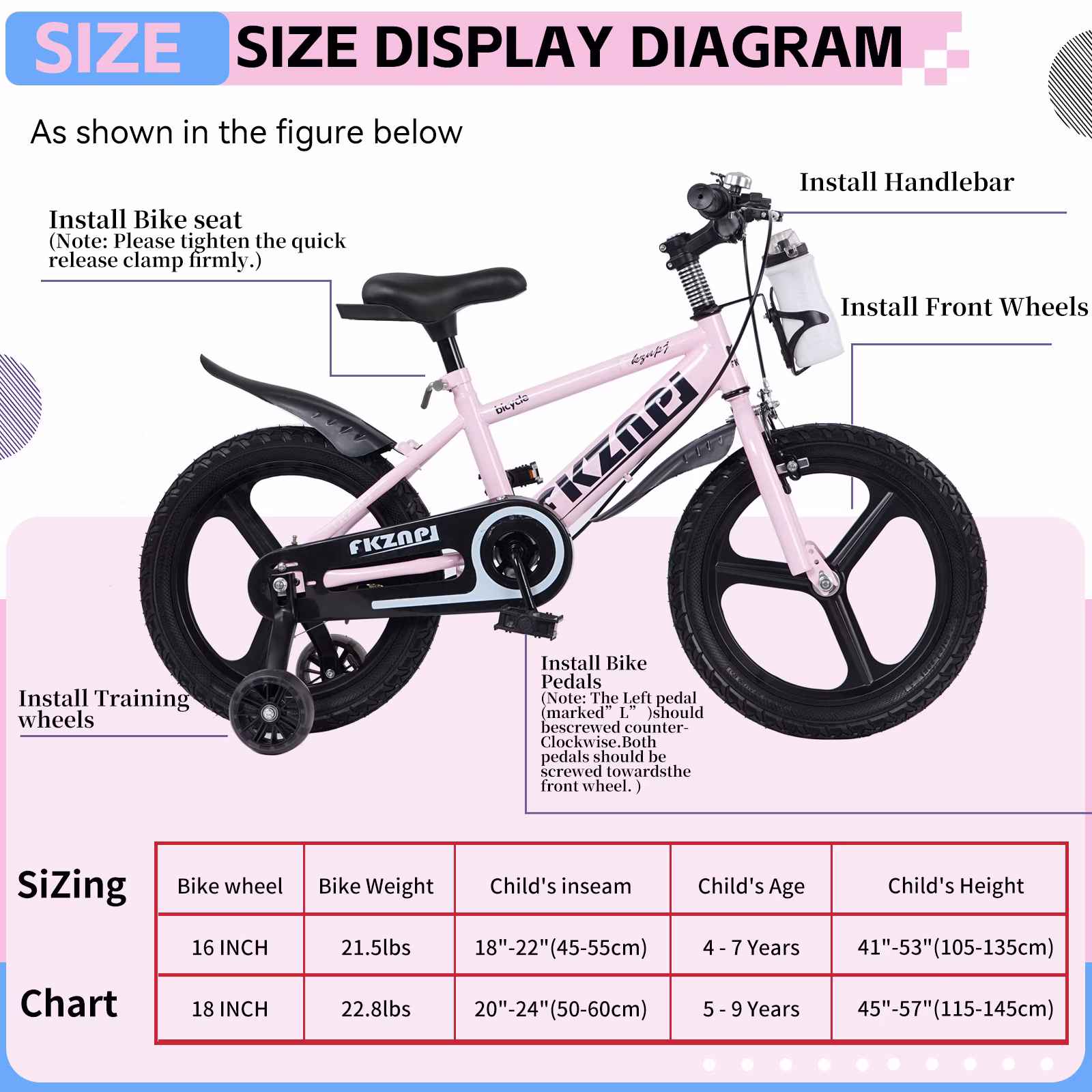 Holaki 18 inch Kids Bike with Training Wheels & Handbrake for Boys & Girls Ages 5-9, High Carbon Steel Frame Adjustable Seat Kids Bicycle with Kettle Stand & Night Glow for Birthday Gift, Pink - Image 3