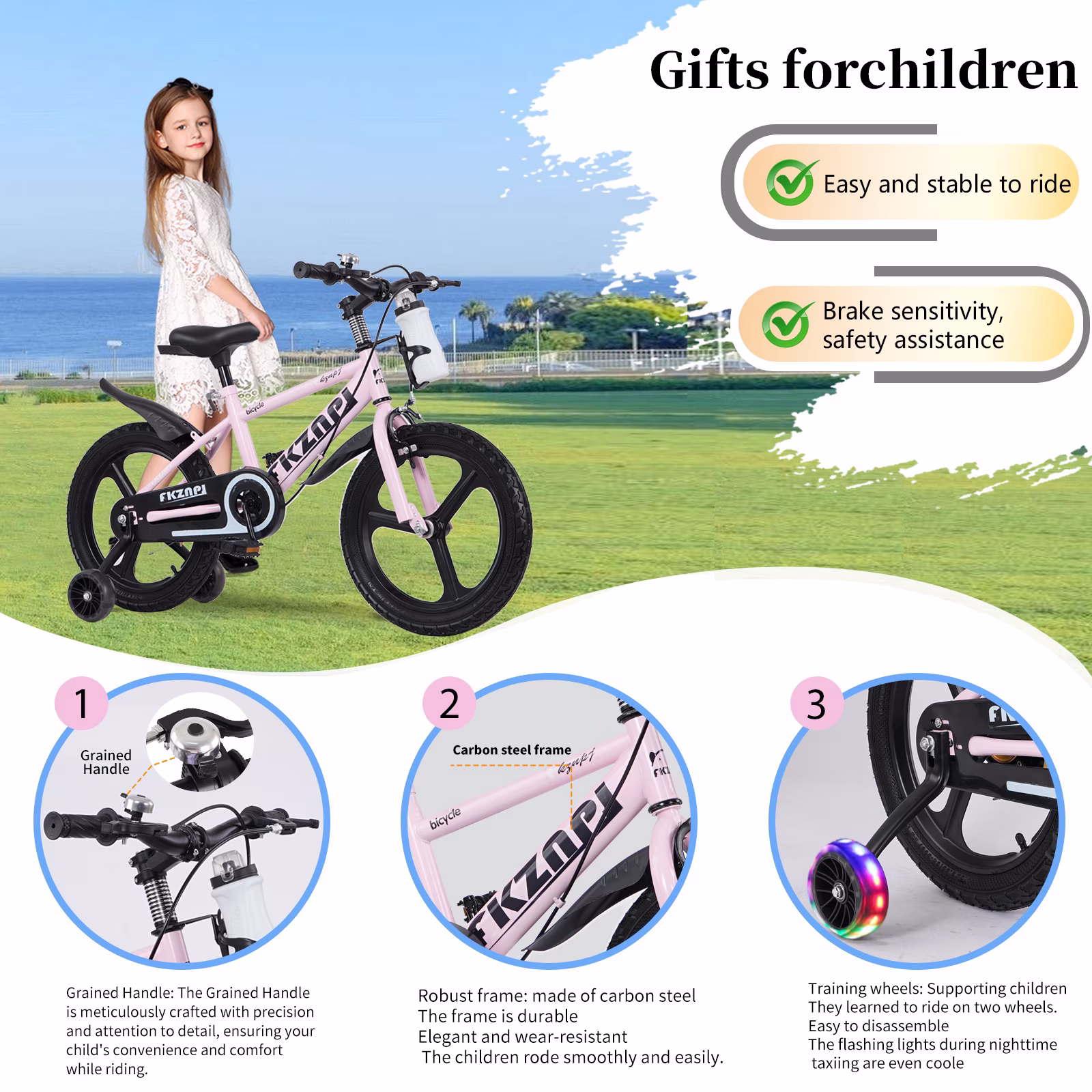 Holaki 18 inch Kids Bike with Training Wheels & Handbrake for Boys & Girls Ages 5-9, High Carbon Steel Frame Adjustable Seat Kids Bicycle with Kettle Stand & Night Glow for Birthday Gift, Pink - Image 5