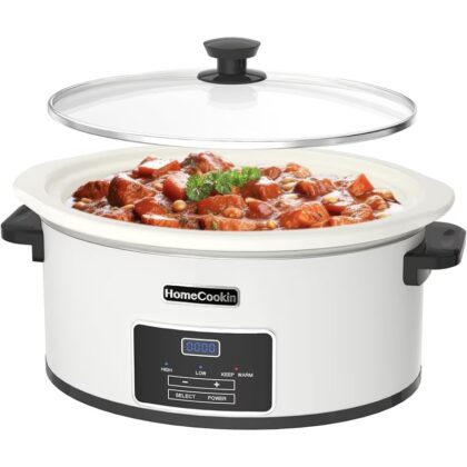 HOMECOOKIN 8-Quart Programmable Slow Cooker with Timer Keep Warm - Small Kitchen Appliance for Family Dinners - Serves 6+ People (White)