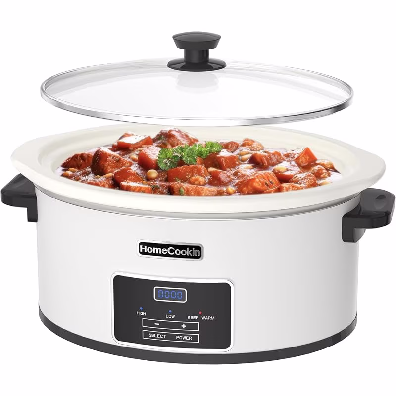 HOMECOOKIN 8-Quart Programmable Slow Cooker with Timer Keep Warm - Small Kitchen Appliance for Family Dinners - Serves 6+ People (White)