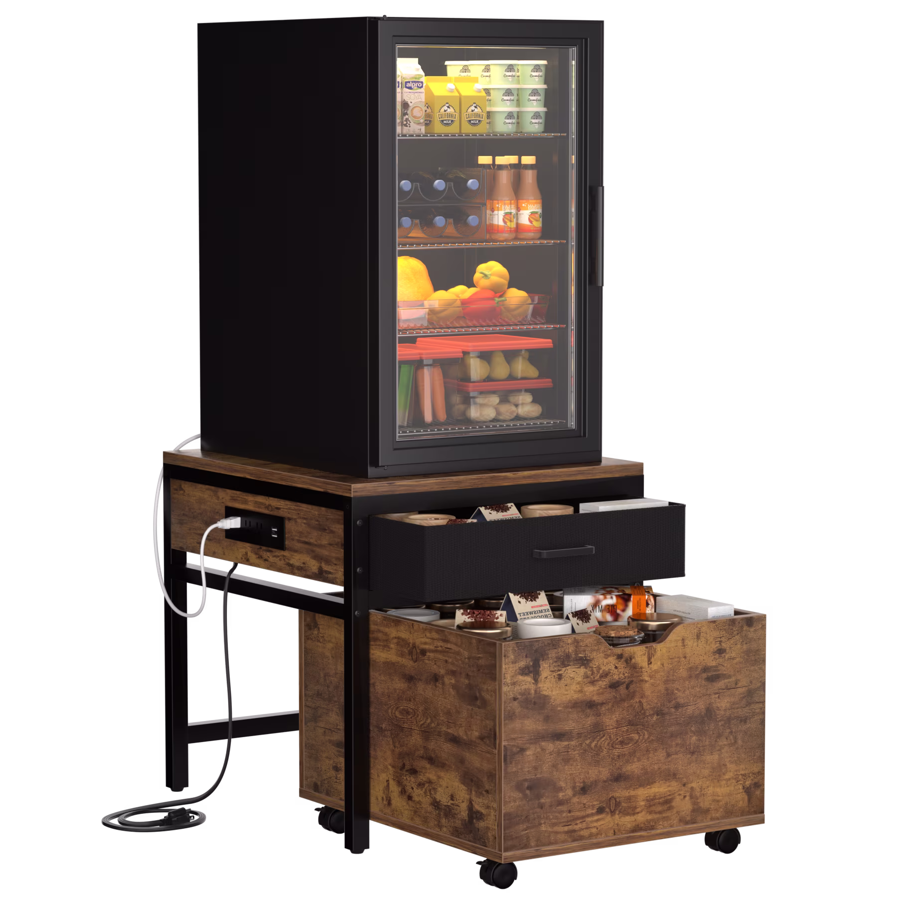 Homieasy Mini Fridge Stand with Drawer Storage & Sockets, Heavy Duty Mini Refrigerator table with Rolling Cabinet for Dorm, Apartment, Office, Mini Fridge and Microwave Stand,Rustic Brown - Image 2