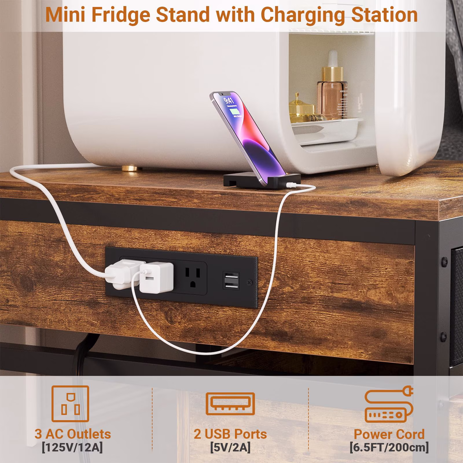 Homieasy Mini Fridge Stand with Drawer Storage & Sockets, Heavy Duty Mini Refrigerator table with Rolling Cabinet for Dorm, Apartment, Office, Mini Fridge and Microwave Stand,Rustic Brown - Image 3