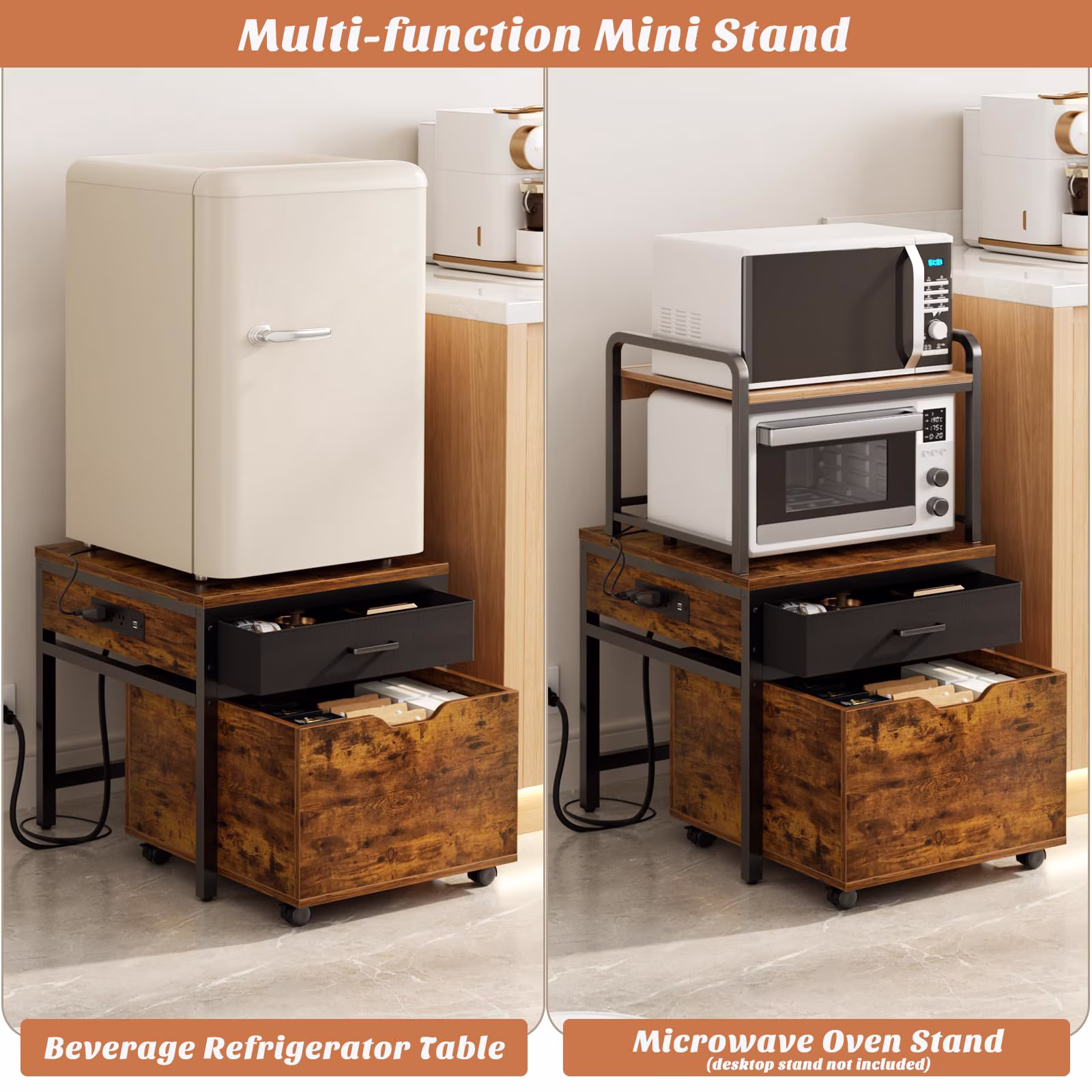 Homieasy Mini Fridge Stand with Drawer Storage & Sockets, Heavy Duty Mini Refrigerator table with Rolling Cabinet for Dorm, Apartment, Office, Mini Fridge and Microwave Stand,Rustic Brown - Image 4