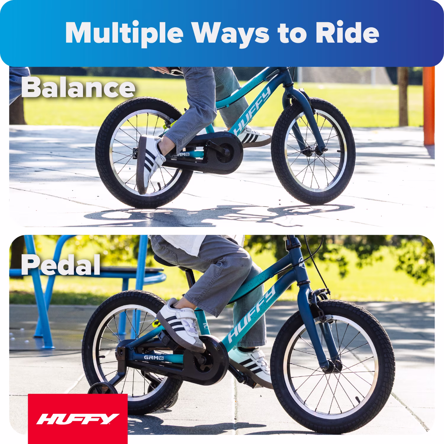 Huffy 16-Inch GRM Kids’ Bike, Multiple Ways to Learn: Balance Mode, Training Wheels & Standard Riding, Triple Brake System, Parent Assist Handle, Fits Riders 39"–46" Tall, Ages 4-6, Navy - Image 2