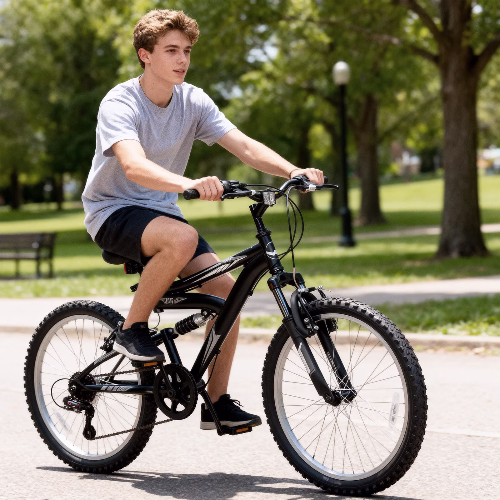 Hykolity 20 Inch Kids Mountain Bike Boys Girls Youth Bicycle For Ages 6-12 Children Bikes Dual Full Suspension Front And Rear V-Brakes 6 Speeds Drivetrain, Black - Image 3