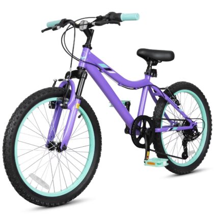 Hykolity 20 inch Kids Mountain Bike,6 Speed Kid Bicycle Age 6-11 Year Old with Front Suspension Fork,Adjustable Seat Height,High-Carbon Steel,Purple