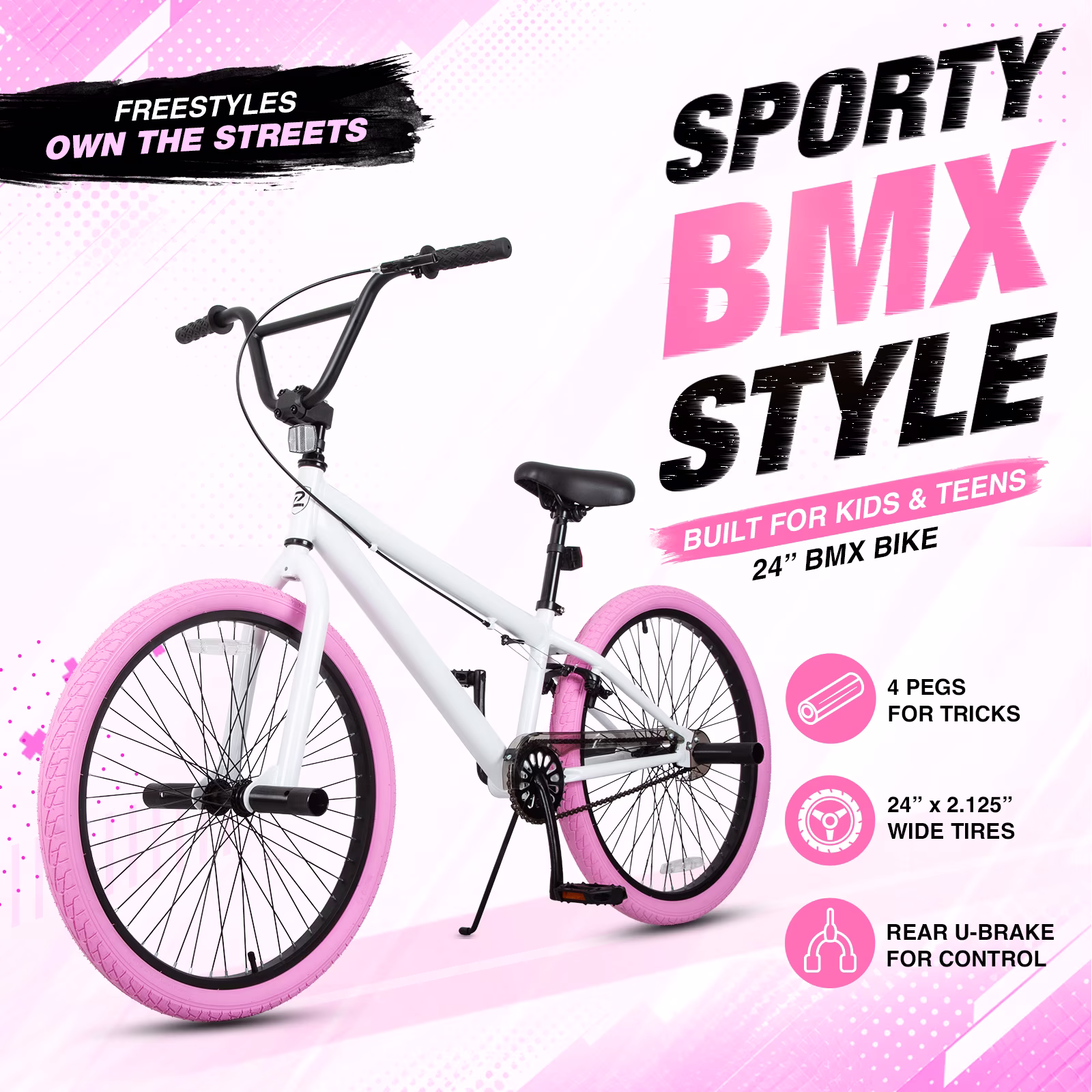 Hykolity 24 Inch Freestyle BMX Bike Kid Bicycle for Teen Boy Girl with 4 Pegs Rear Hand Brake Adjustable Seat Kickstand Reflectors, Pink - Image 4