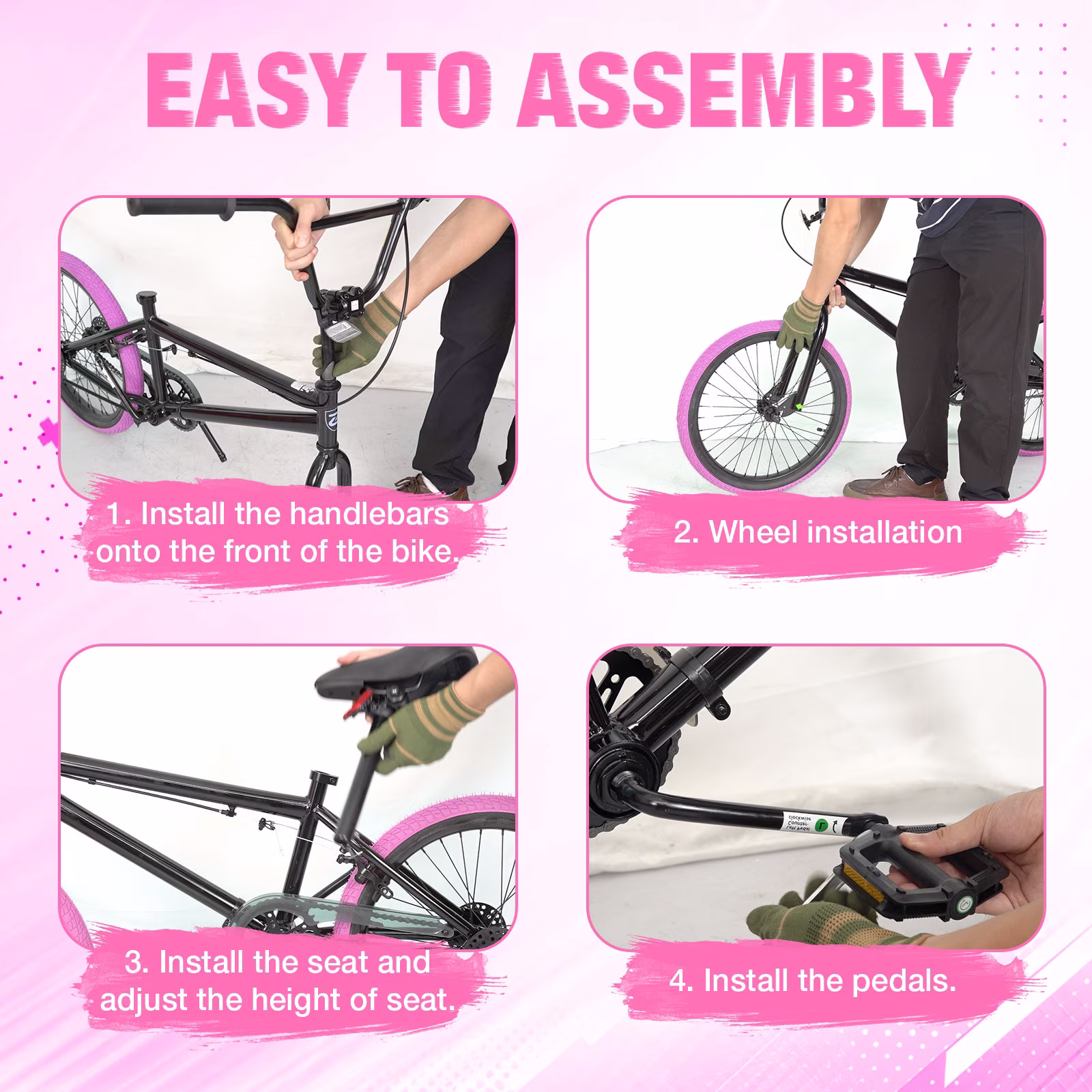 Hykolity 24 Inch Freestyle BMX Bike Kid Bicycle for Teen Boy Girl with 4 Pegs Rear Hand Brake Adjustable Seat Kickstand Reflectors, Pink - Image 3
