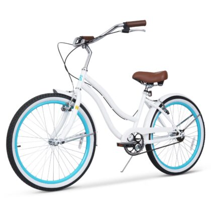 Hykolity 26 Inch Adult Beach Cruiser Bike, Upright Riding Seat Bicycle with Alloy Steel Frame Dual V-Brakes, Beach City Commute Cycling, White