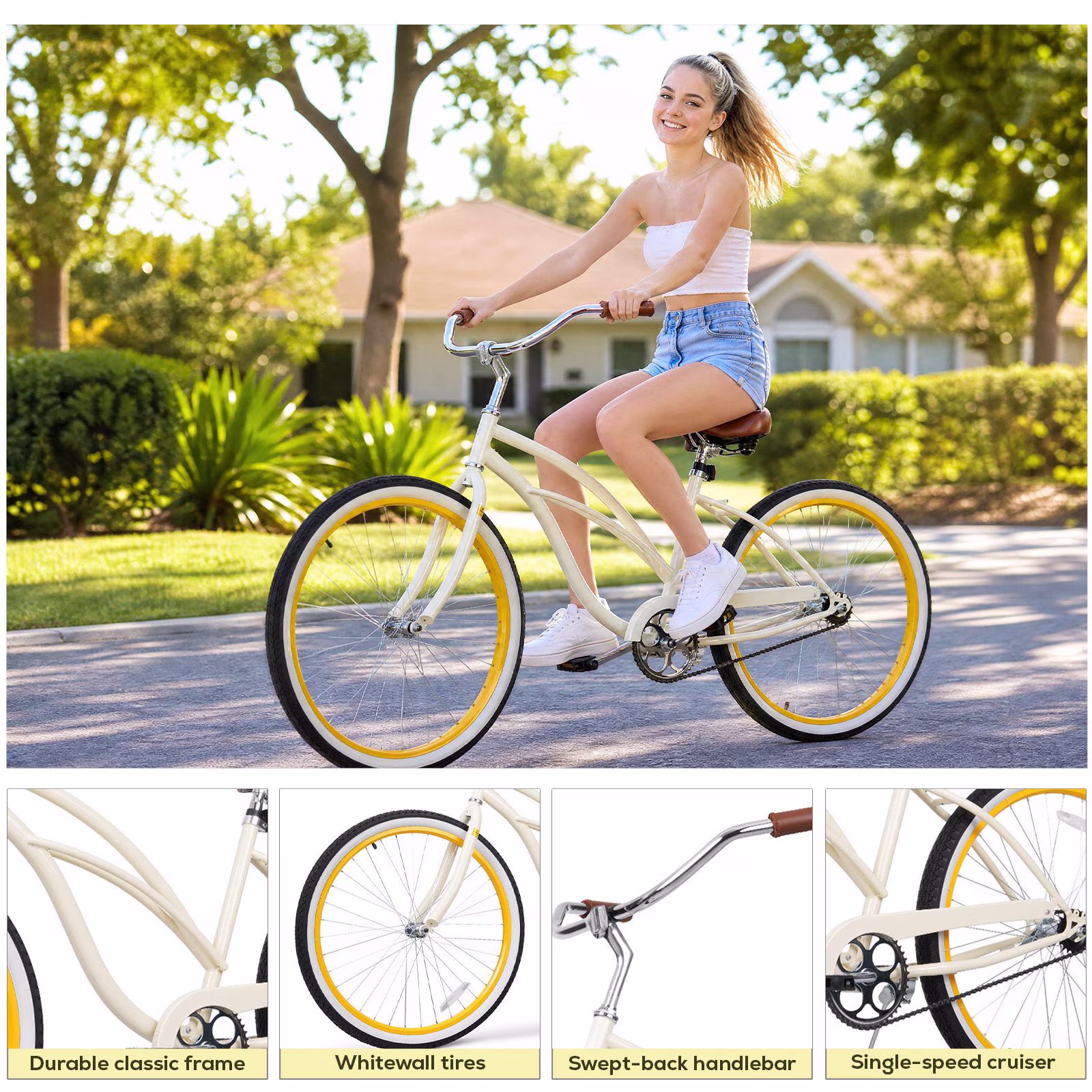 Hykolity Cruiser Bike 24 inch City Beach Bicycle for Women Men Age 14+ Commuter Bikes Rider Height 55–68 in Single Speed with Coaster Brake, Comfortable Seat, White - Image 5