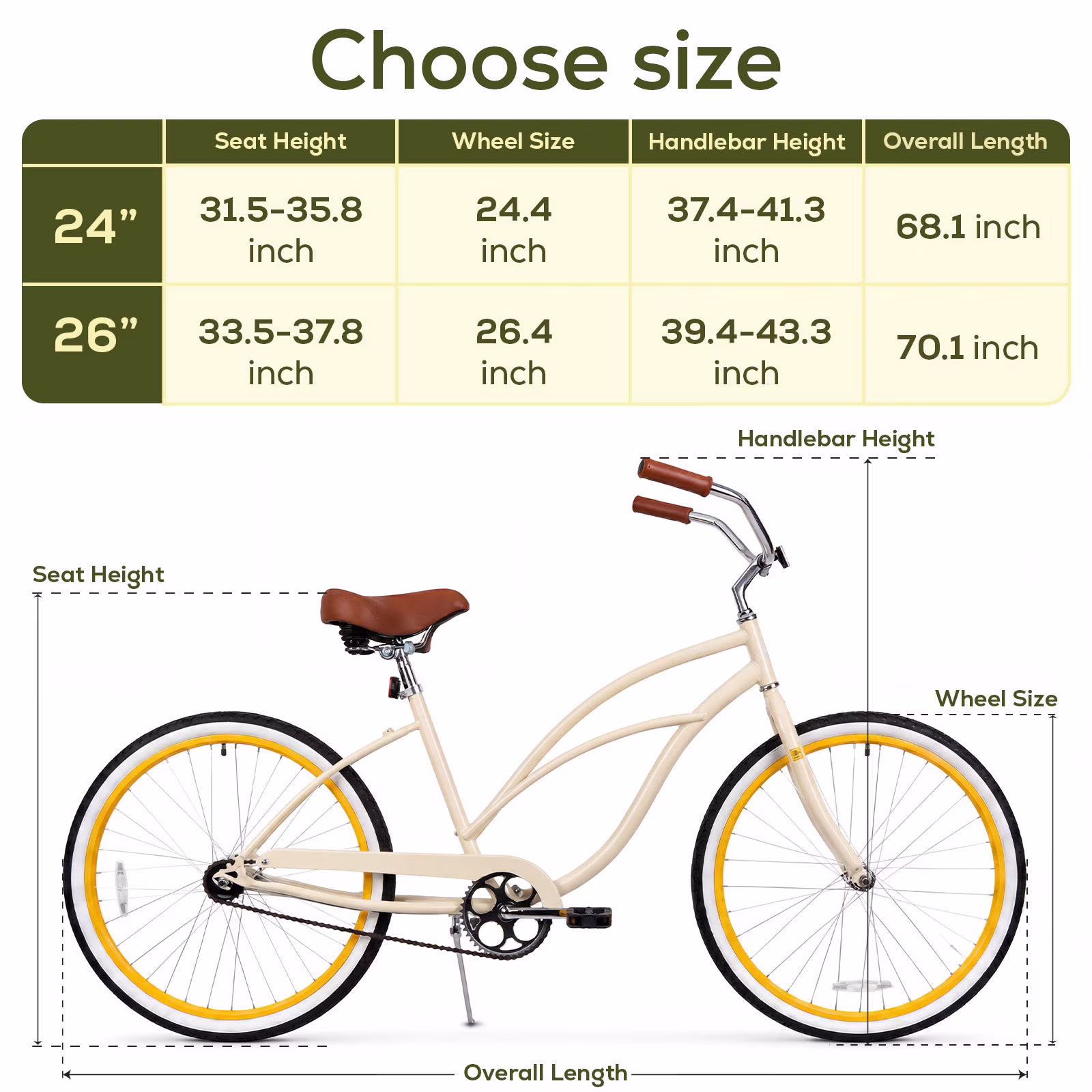 Hykolity Cruiser Bike 24 inch City Beach Bicycle for Women Men Age 14+ Commuter Bikes Rider Height 55–68 in Single Speed with Coaster Brake, Comfortable Seat, White - Image 3