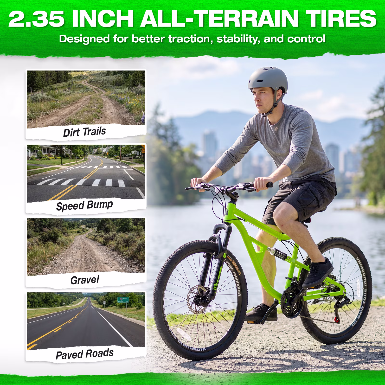 Hykolity Mountain Bike 26 Inch, 21 Speed MTB for Adult Men Women, Full Suspension, Aluminum Frame, Dual Disc Brakes Outdoor Cycling Bicycle, Lime Green - Image 4