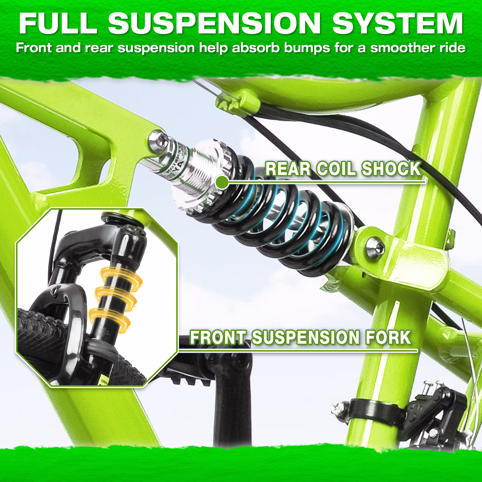 Hykolity Mountain Bike 26 Inch, 21 Speed MTB for Adult Men Women, Full Suspension, Aluminum Frame, Dual Disc Brakes Outdoor Cycling Bicycle, Lime Green - Image 3