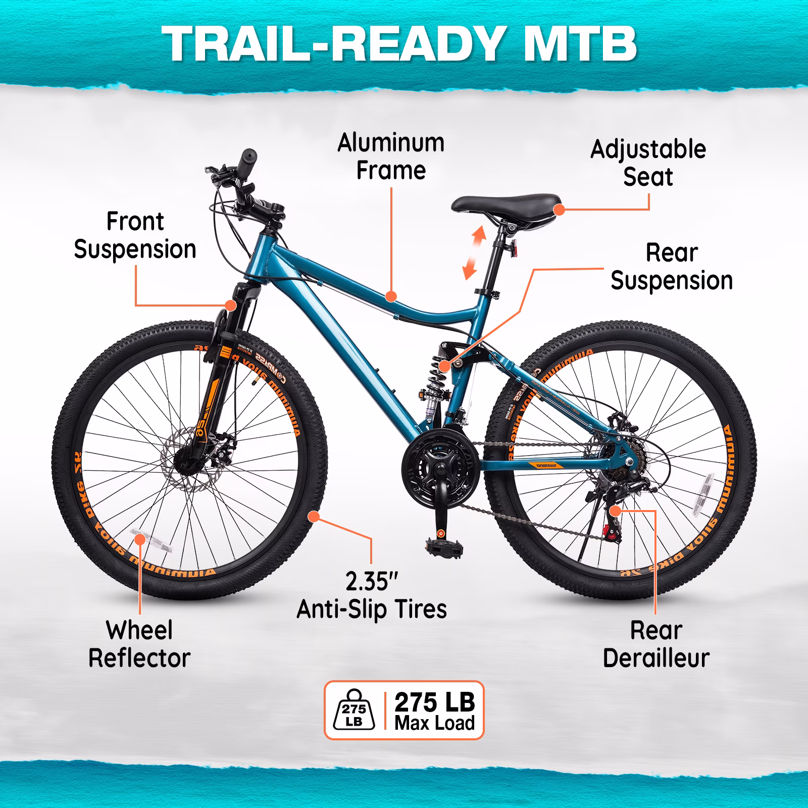 Hykolity Mountain Bike 26 Inch, 21 Speed MTB for Adult Men Women, Full Suspension, Aluminum Frame, Dual Disc Brakes Outdoor Cycling Bicycle, Teal Blue - Image 3