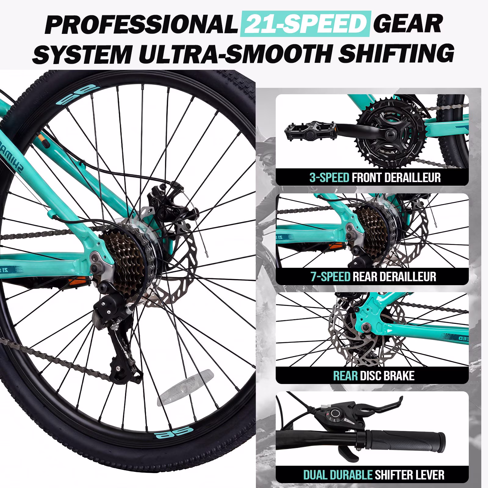Hykolity Mountain Bike 26 Inch MTB Bicycle for Outing Riding 21 Speed Trail Bike Men Women Lightweight Aluminum Frame Comfort Seat Full Suspension Light Aqua - Image 2