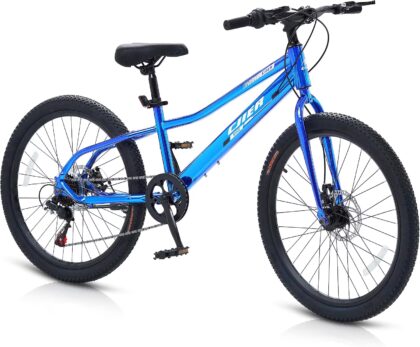 NEORIVER 24 Inch Kids Mountain Bike – 7-Speed Bicycle for Boys & Girls Ages 6-14, High-Carbon Steel Frame, Dual Disc Brakes & Kickstand