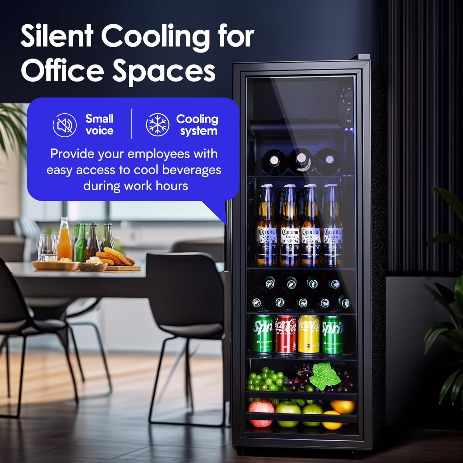 ICYBER BOOM 4.8 Cu.Ft Beverage Refrigerator, 155 Can Mini Drink Fridge with 0.3 Cu.Ft Freezer Compartment, Quiet 42dB Compressor, LED Light & Adjustable Glass Shelves, Glass Door Cooler for Home Offi - Image 3
