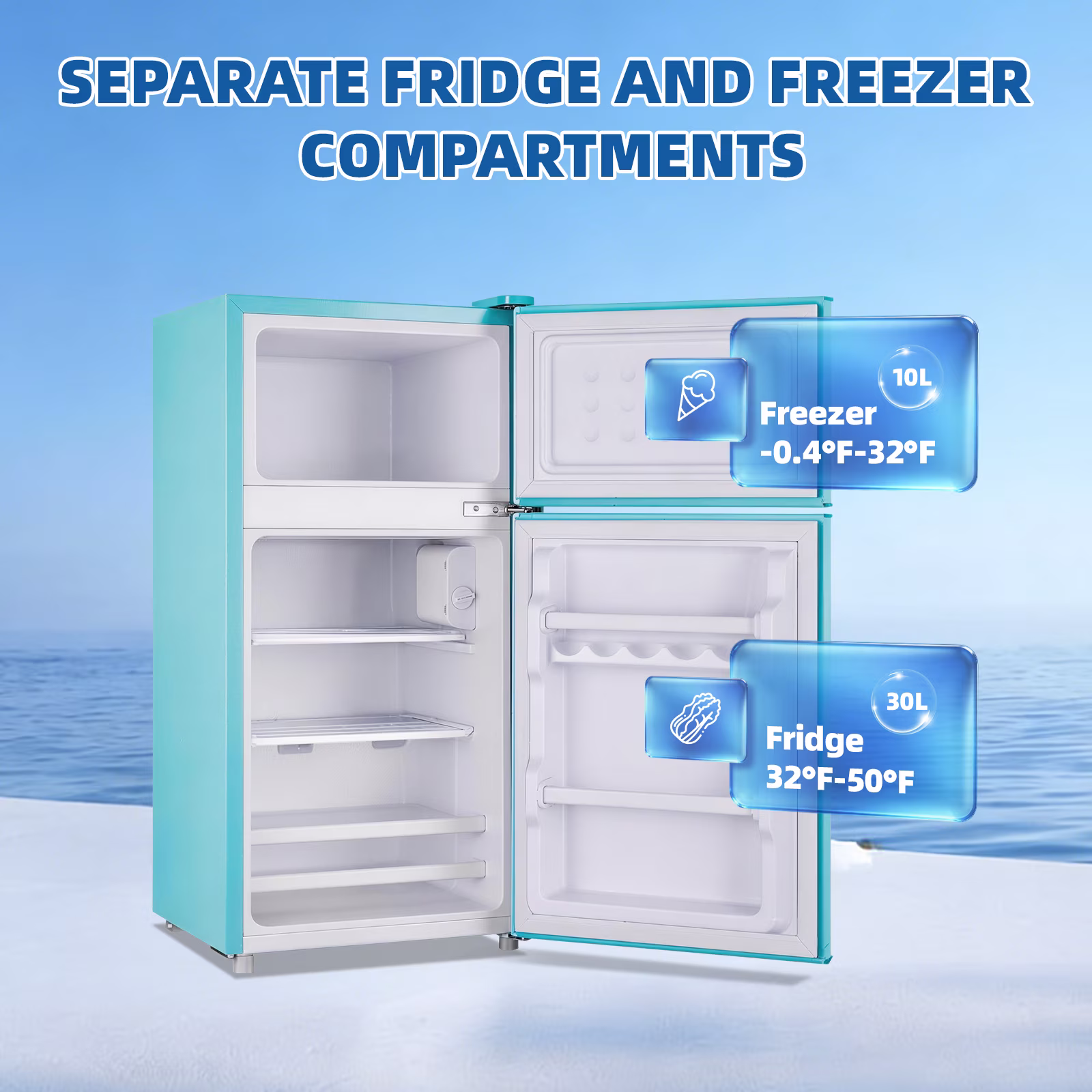 JIEJIA Mini Fridge with Freezer 40L Dual Door Small Refrigerator for Dorm Bedroom Blue - Image 3