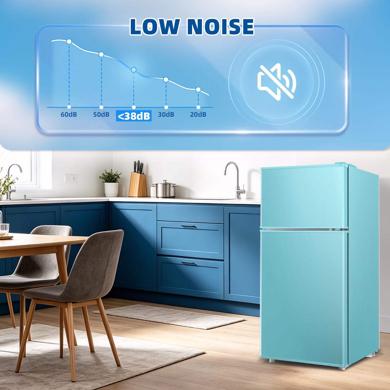 JIEJIA Mini Fridge with Freezer 40L Dual Door Small Refrigerator for Dorm Bedroom Blue - Image 2