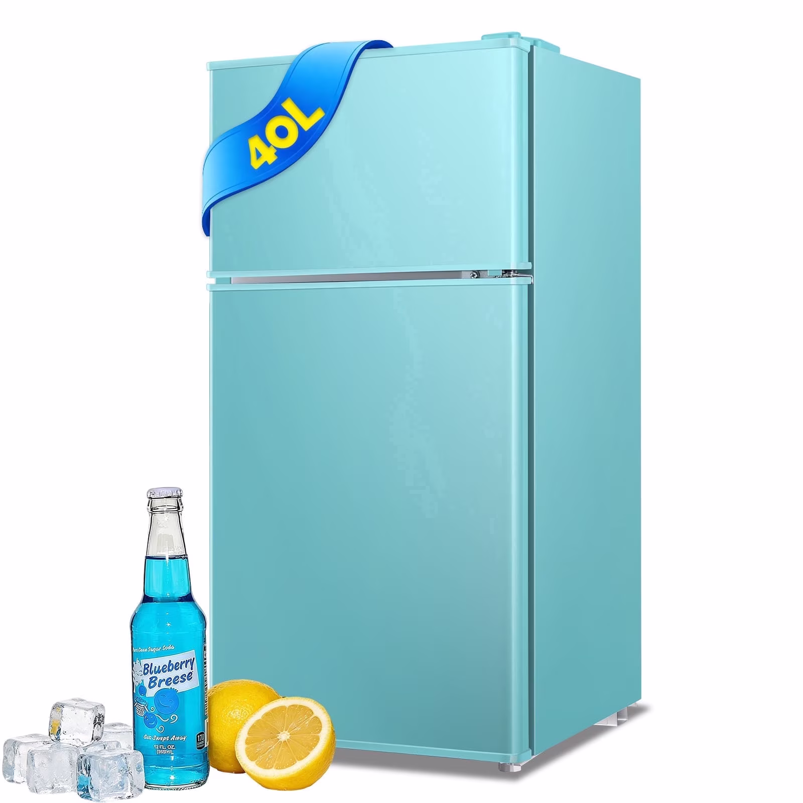 JIEJIA Mini Fridge with Freezer 40L Dual Door Small Refrigerator for Dorm Bedroom Blue