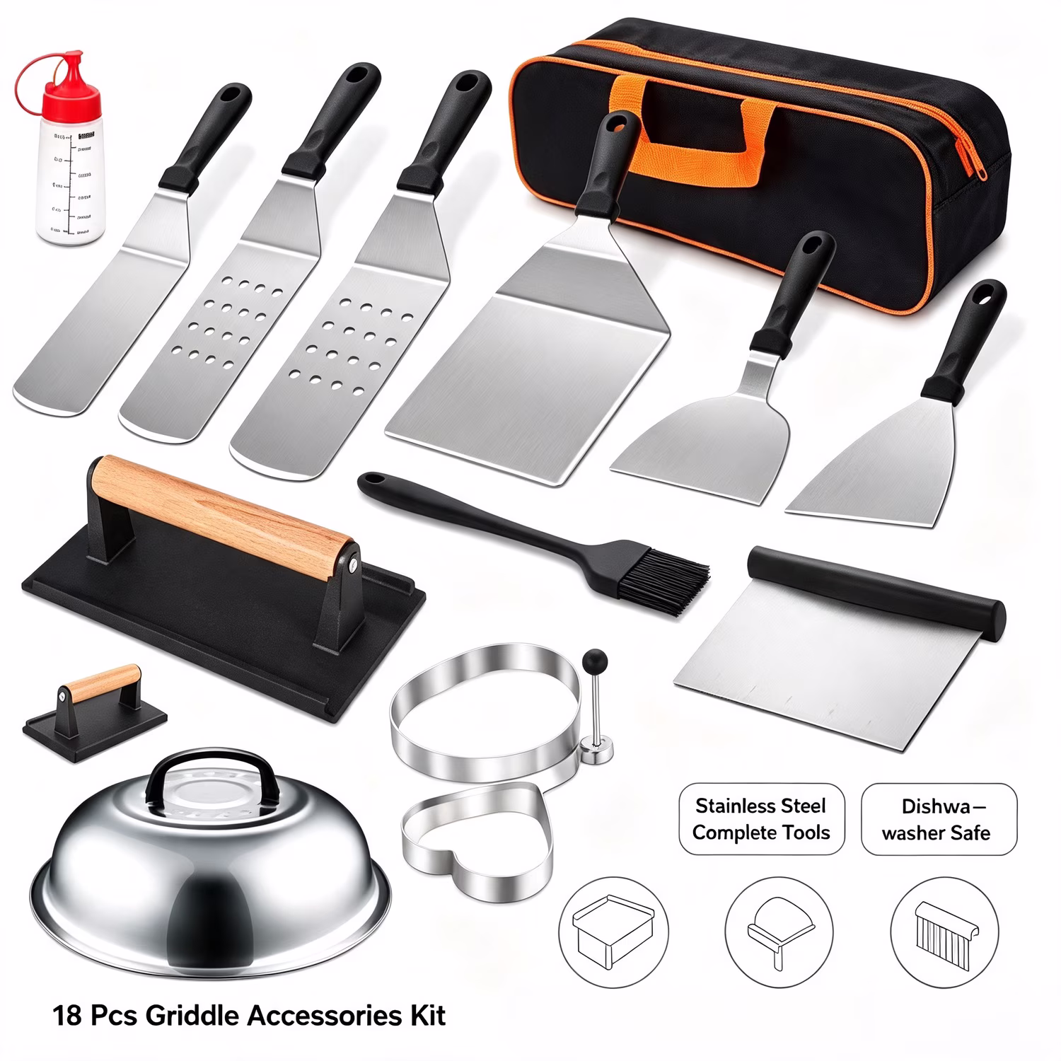 KAIFENG 18 Pcs Stainless Steel Griddle Accessories Kit Flat Top Grill Tool Set Compatible with Portable Storage Carry Bag