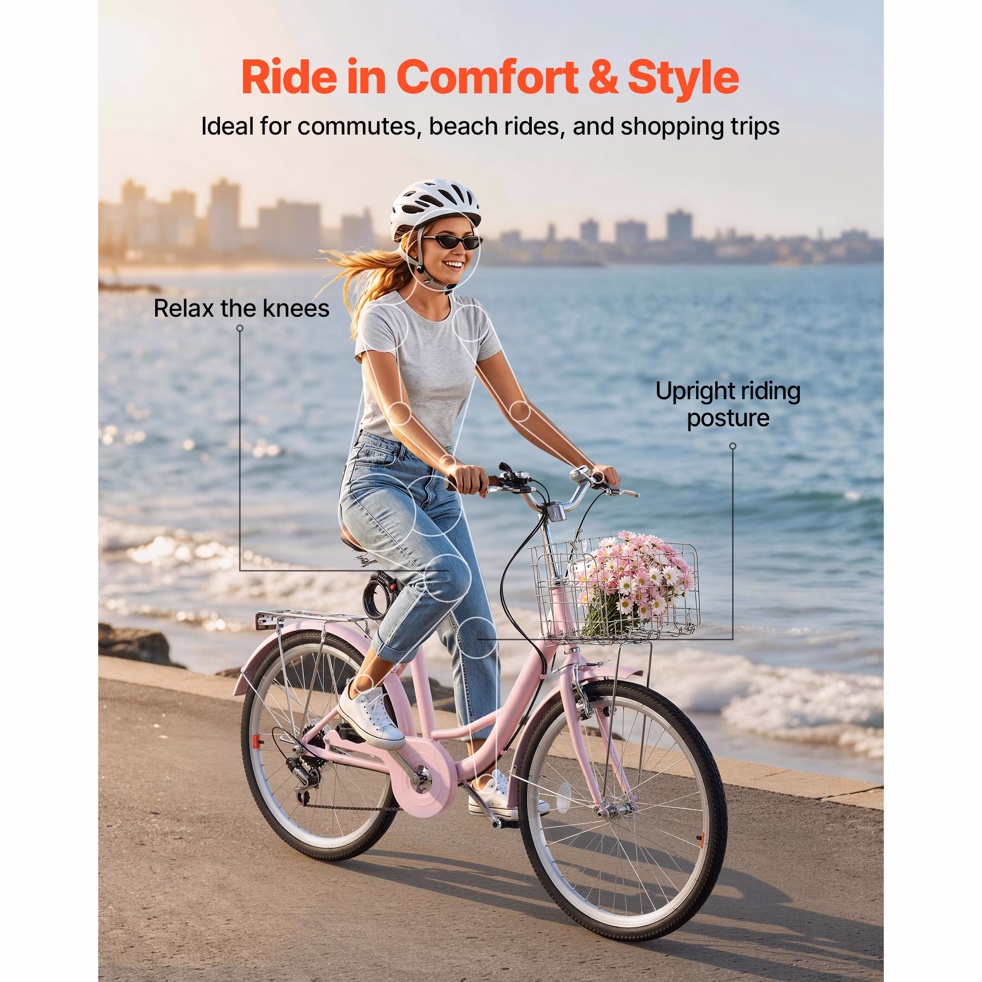 KFFKFF 24-Inch Women's Beach Cruiser Bike, 7-Speed City Bicycle with Carbon Steel Frame, 330 lbs Load Capacity, Basket, Rear Rack & Dual V-Brakes, Pink - Image 2