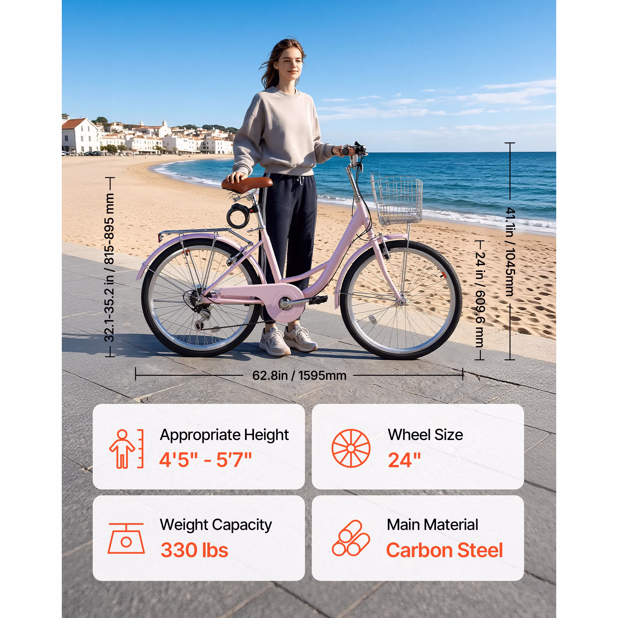 KFFKFF 24-Inch Women's Beach Cruiser Bike, 7-Speed City Bicycle with Carbon Steel Frame, 330 lbs Load Capacity, Basket, Rear Rack & Dual V-Brakes, Pink - Image 3