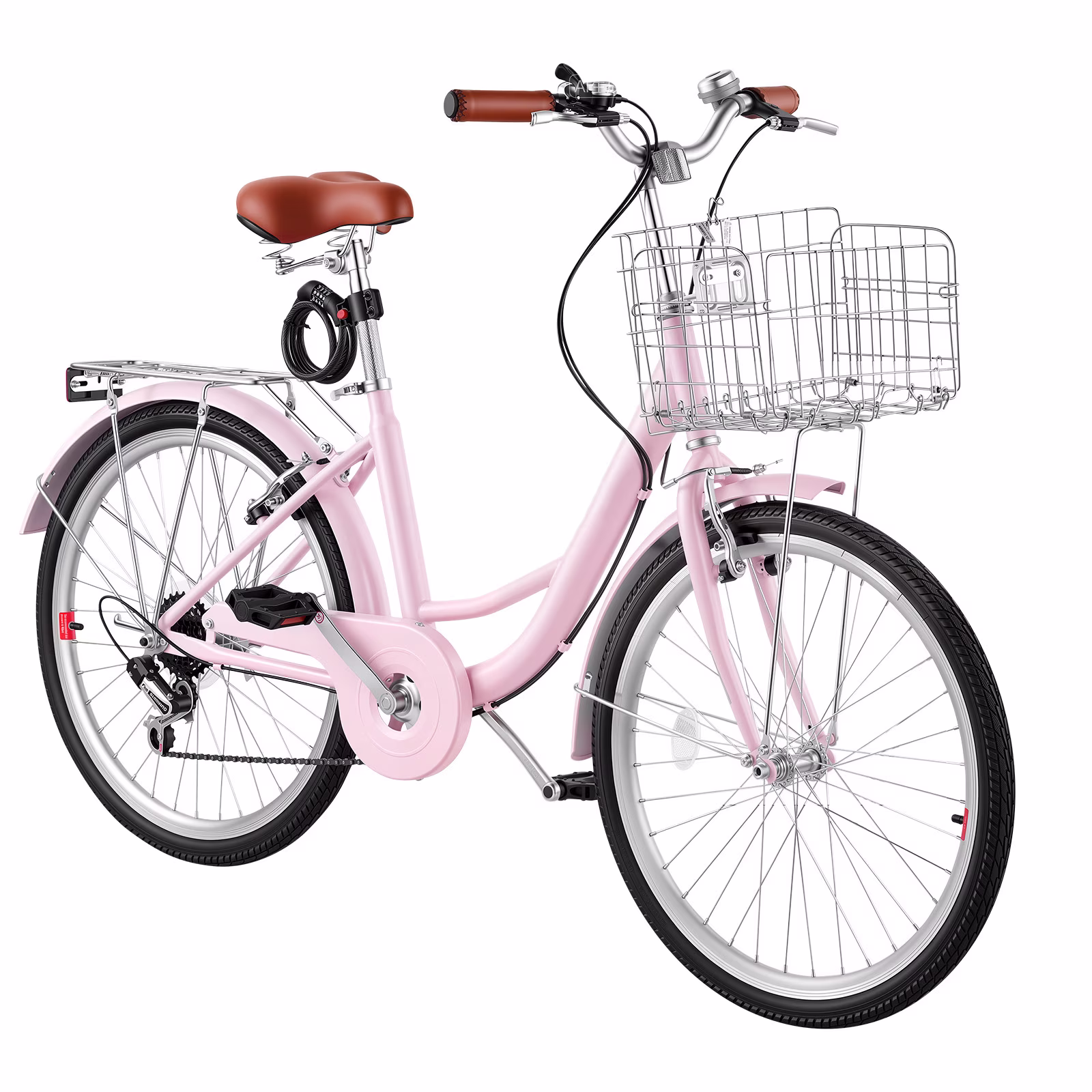 KFFKFF 24-Inch Women's Beach Cruiser Bike, 7-Speed City Bicycle with Carbon Steel Frame, 330 lbs Load Capacity, Basket, Rear Rack & Dual V-Brakes, Pink