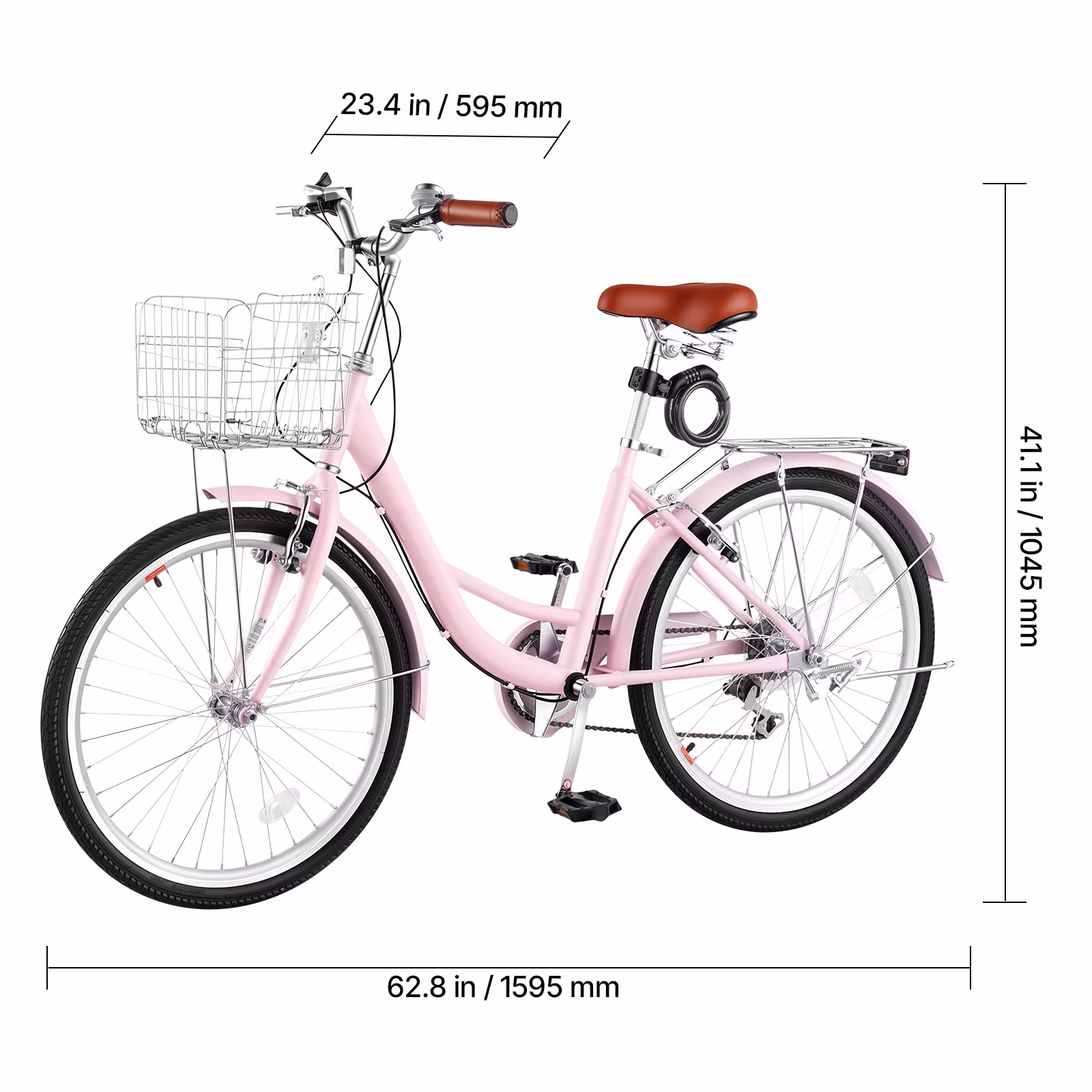 KFFKFF 24-Inch Women's Beach Cruiser Bike, 7-Speed City Bicycle with Carbon Steel Frame, 330 lbs Load Capacity, Basket, Rear Rack & Dual V-Brakes, Pink - Image 4