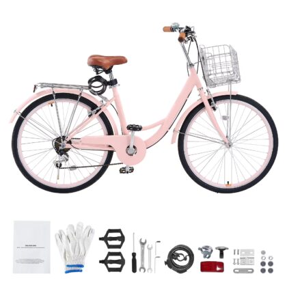 KFFKFF 26" Cruiser Bike, 7-Speed, Rose-Tinted Beach Riding Bike with Spacious Basket and Back Holder, Robust Carbon Steel Leisure Bicycle for Adult Men and Women, with Modifiable Seat