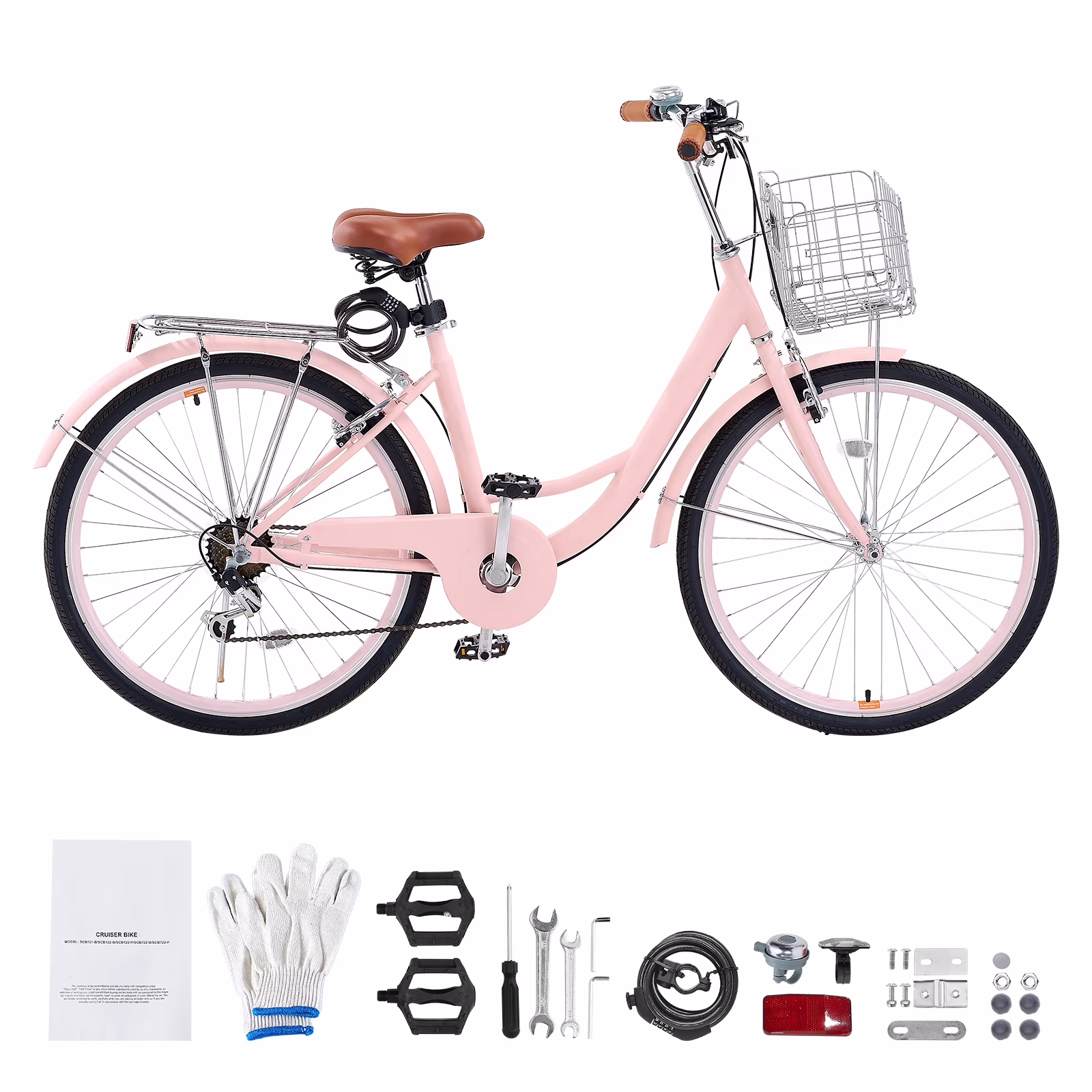 KFFKFF 26" Cruiser Bike, 7-Speed, Rose-Tinted Beach Riding Bike with Spacious Basket and Back Holder, Robust Carbon Steel Leisure Bicycle for Adult Men and Women, with Modifiable Seat