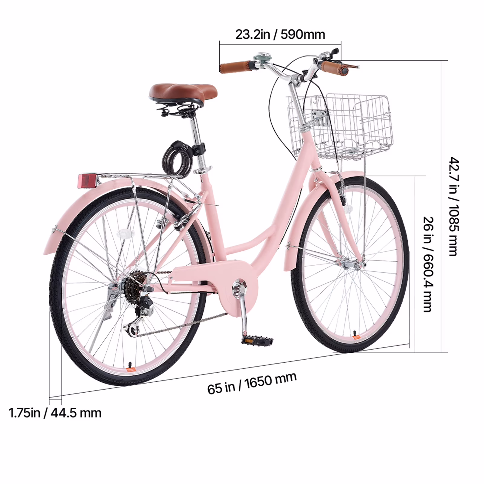 KFFKFF 26" Cruiser Bike, 7-Speed, Rose-Tinted Beach Riding Bike with Spacious Basket and Back Holder, Robust Carbon Steel Leisure Bicycle for Adult Men and Women, with Modifiable Seat - Image 4