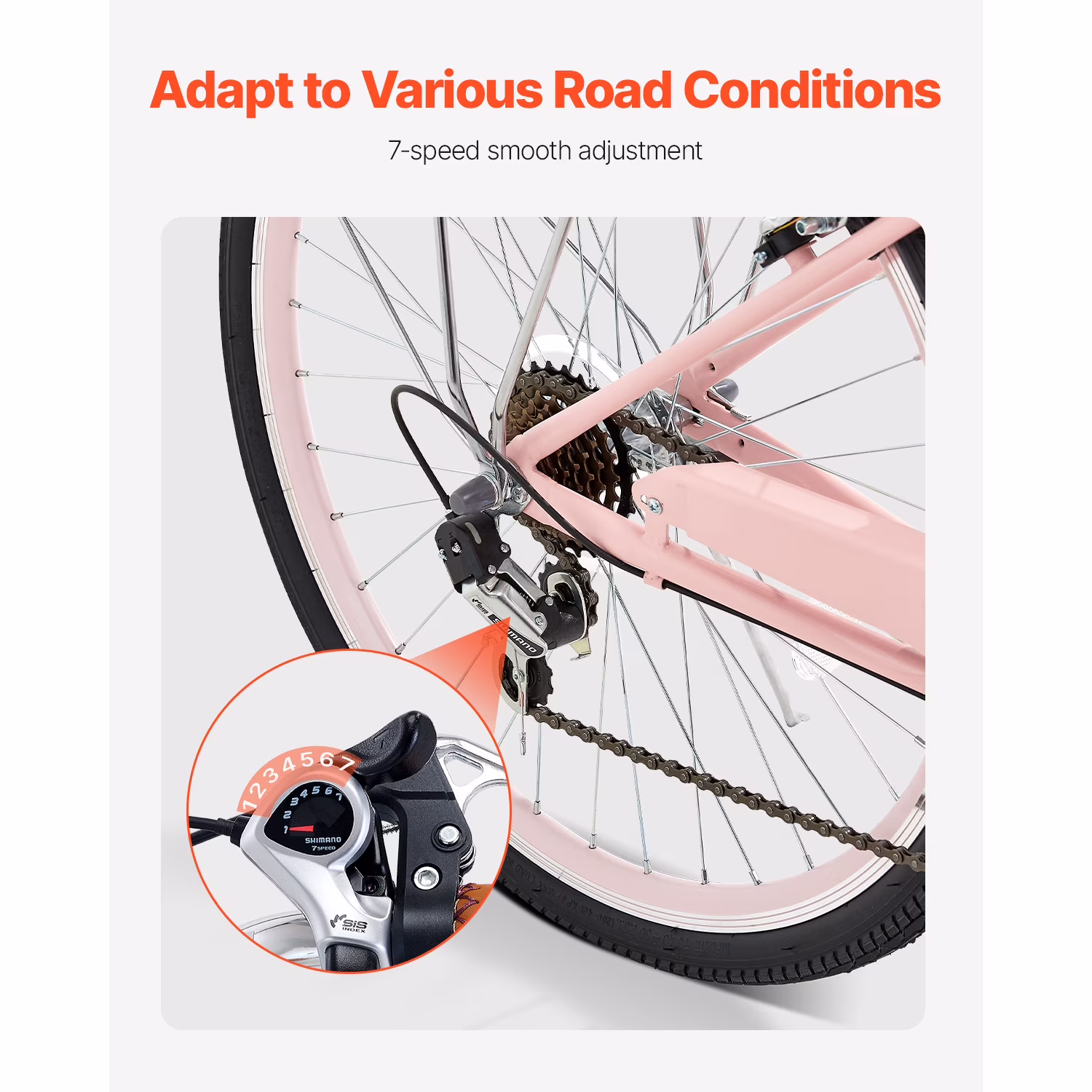 KFFKFF 26" Cruiser Bike, 7-Speed, Rose-Tinted Beach Riding Bike with Spacious Basket and Back Holder, Robust Carbon Steel Leisure Bicycle for Adult Men and Women, with Modifiable Seat - Image 5