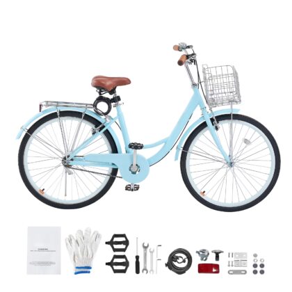 KFFKFF 26" Cruiser Bike,Single Speed,Pale Azure Coastal Cycle with Spacious Basket and Back Stand, Safe & Robust Bicycle with Modifiable Saddle,Adult Version