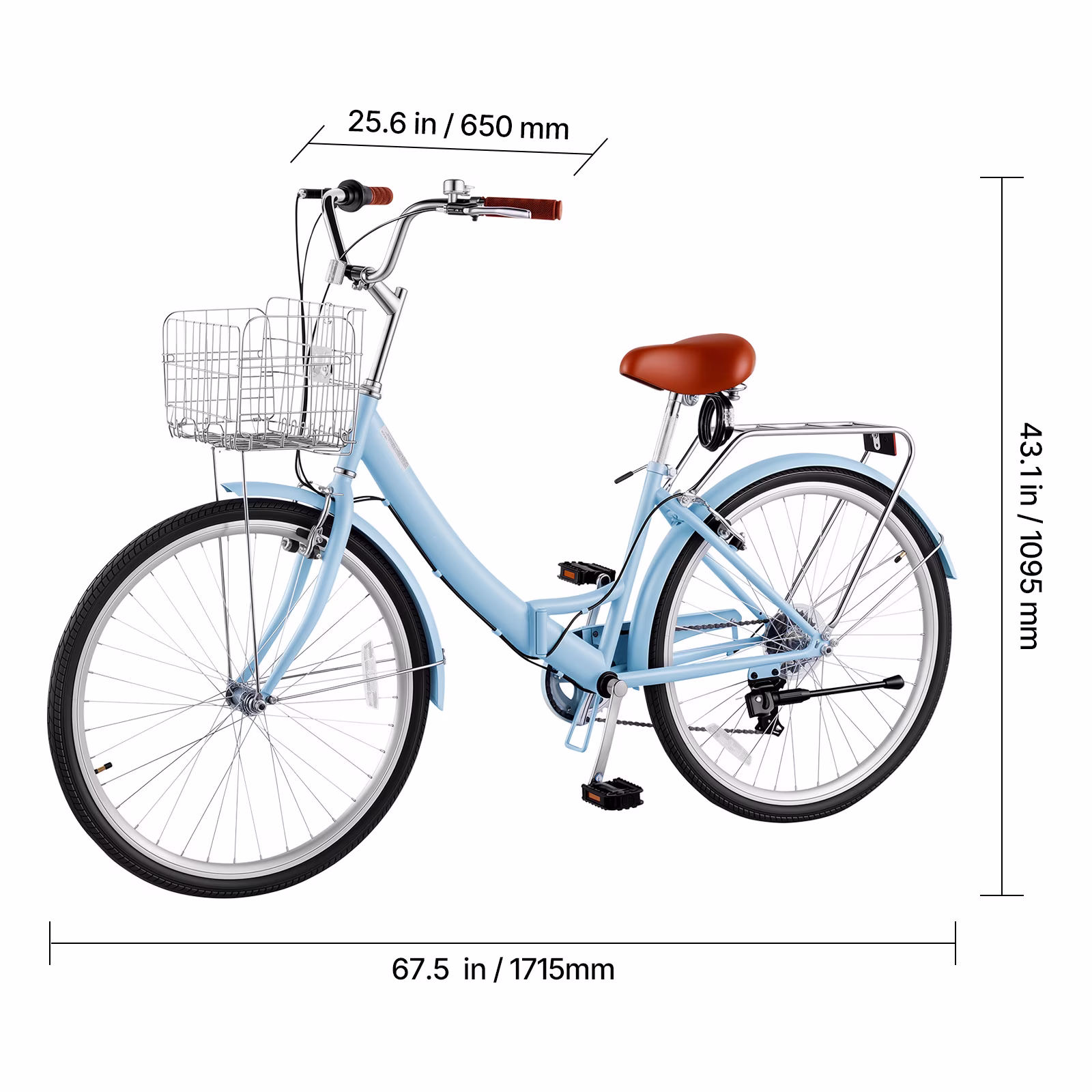 KFFKFF 26-Inch Folding Women's Beach Cruiser Bicycle, 7-Speed Adult City Bike with Steel Frame, 330 lbs Capacity, Basket, Rear Rack, and Dual V-Brakes, Light Blue - Image 5
