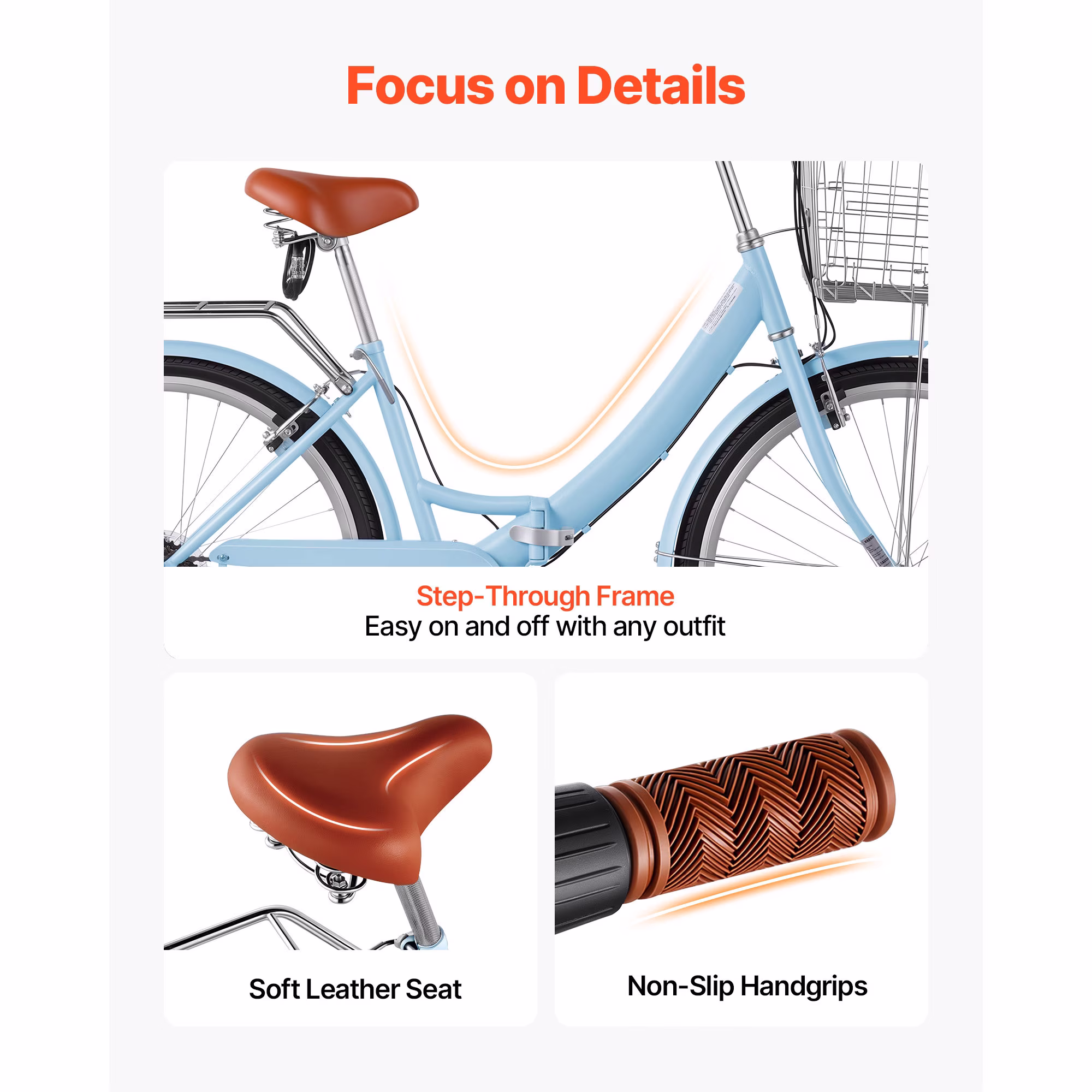 KFFKFF 26-Inch Folding Women's Beach Cruiser Bicycle, 7-Speed Adult City Bike with Steel Frame, 330 lbs Capacity, Basket, Rear Rack, and Dual V-Brakes, Light Blue - Image 3